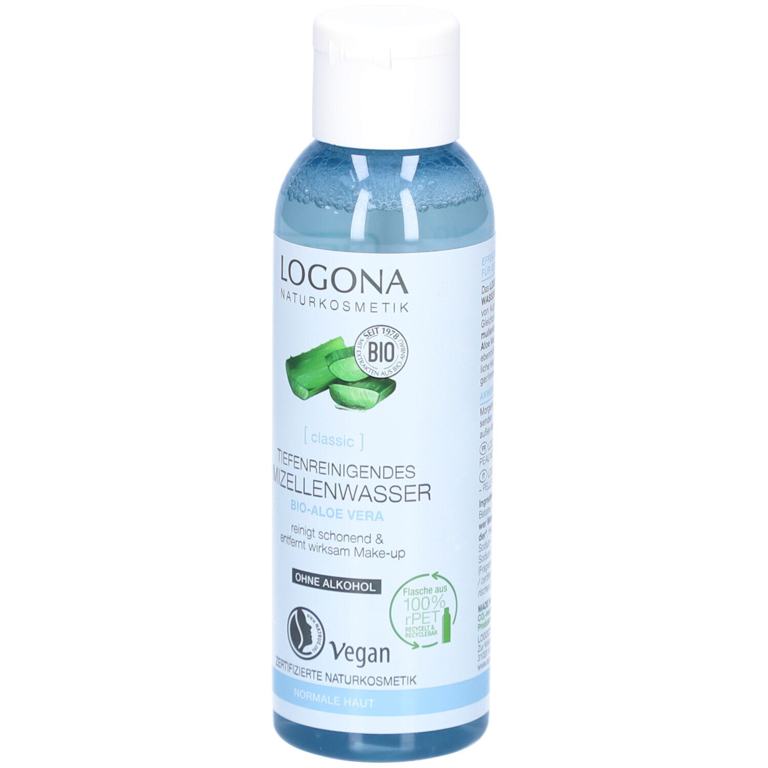 Flüssigkeit in einer Flasche mit weißem Deckel. Aufschrift: Logona Naturkosmetik, Mizellenwasser Bio-Aloe Vera, Vegan.