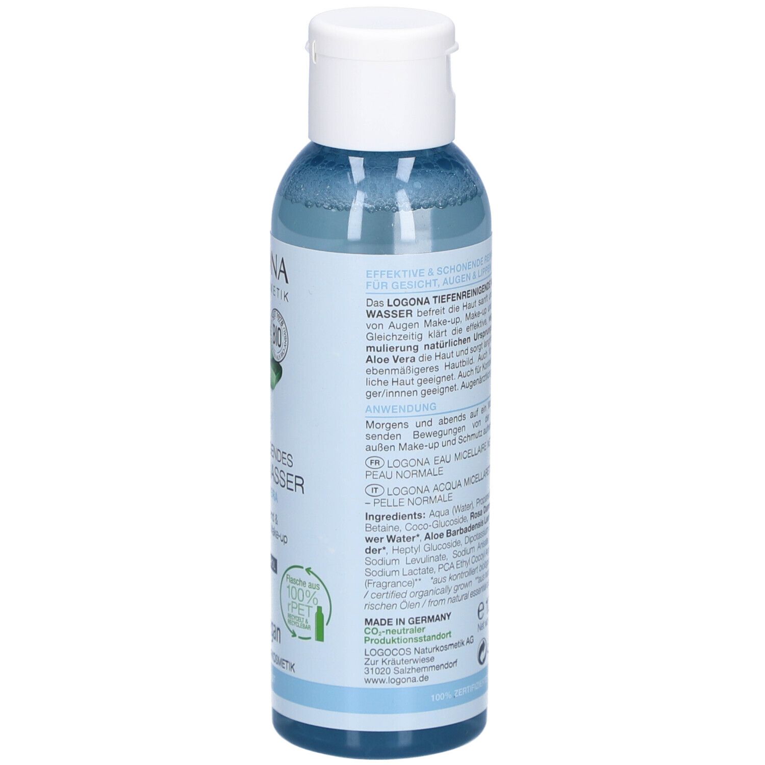 Rückseite der Flasche mit Text. Enthält Informationen zur Anwendung und Inhaltsstoffen. Mit Logo und Zertifizierungen.