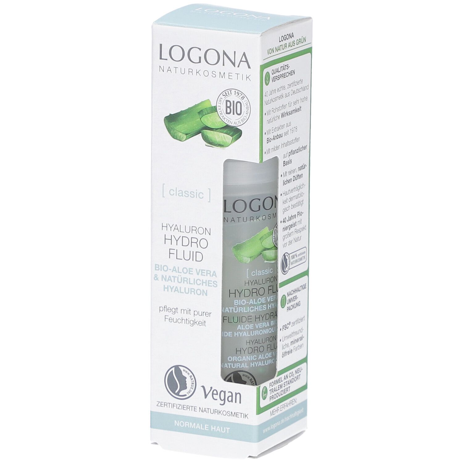 Produktverpackung mit Logo und Produktbezeichnung. Enthält eine Flasche Hyaluron Hydro Fluid Bio-Aloe Vera & Hyaluron.
