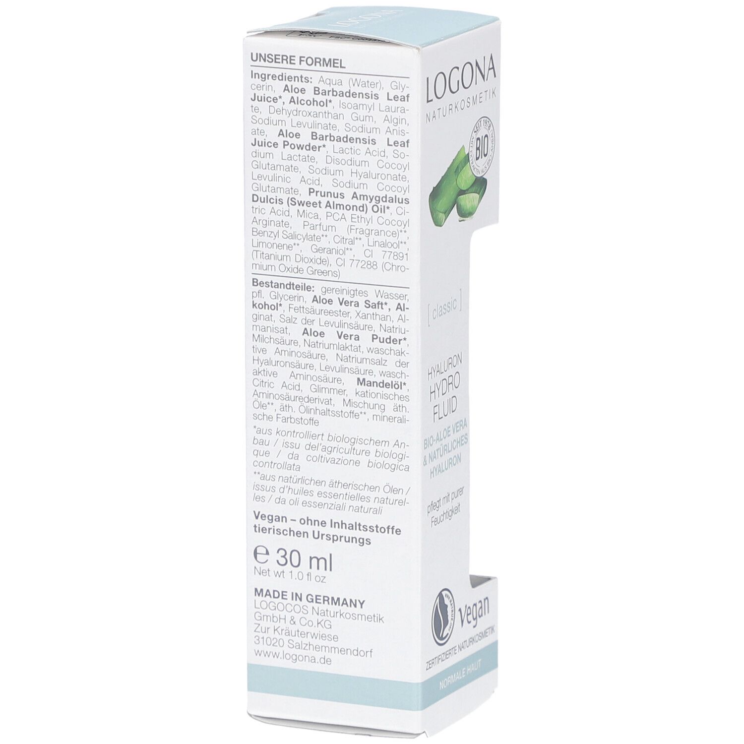 Seitenansicht der Produktverpackung mit Inhaltsstoffen und Vegan-Siegel. Enthält Informationen über das Produkt.