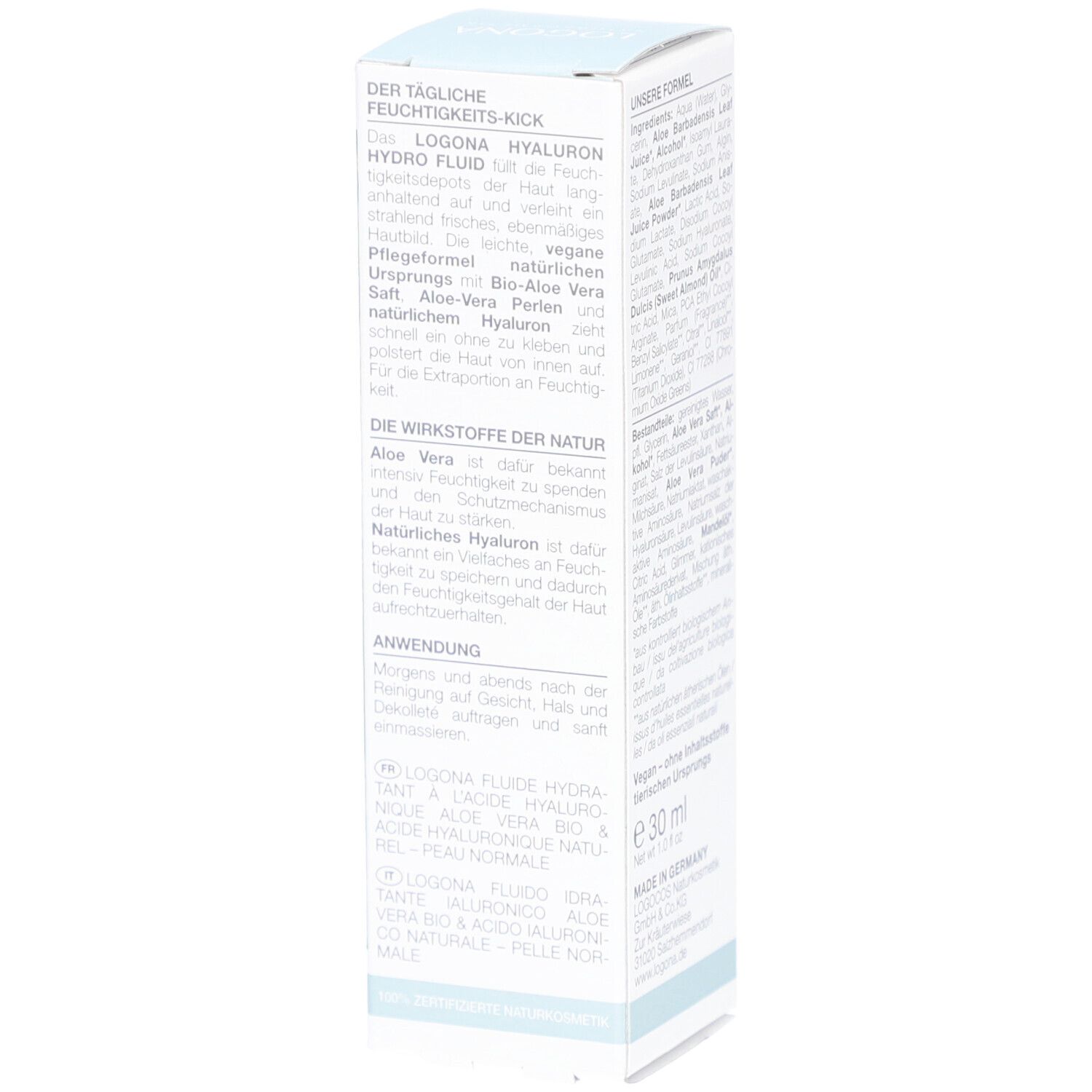 Seitenansicht der Produktverpackung mit Anwendungs- und Produktinformationen. Enthält Text über das Produkt.