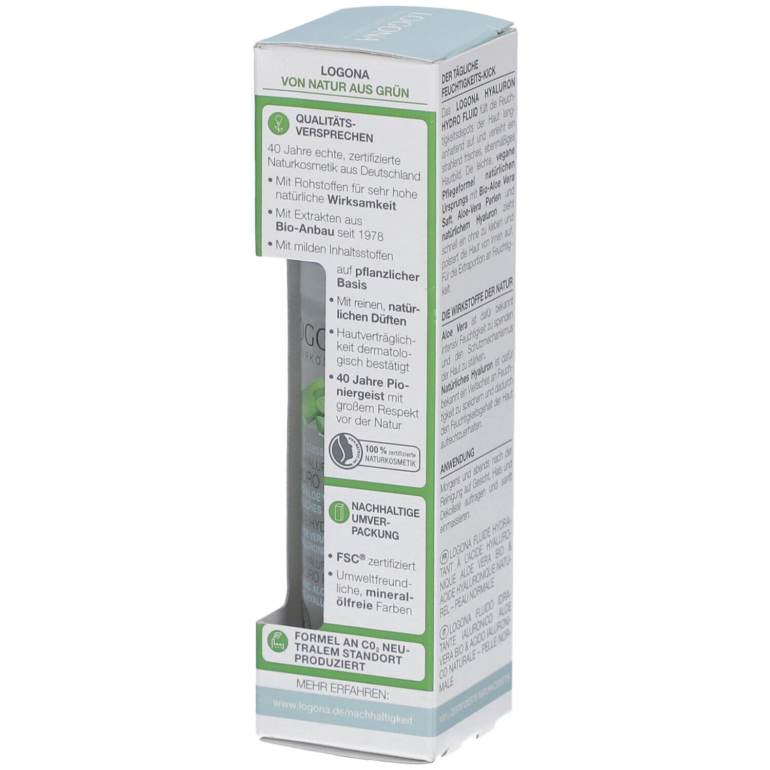 Seitenansicht der Produktverpackung mit Qualitätsversprechen und Nachhaltigkeitsinformationen. Enthält Text.