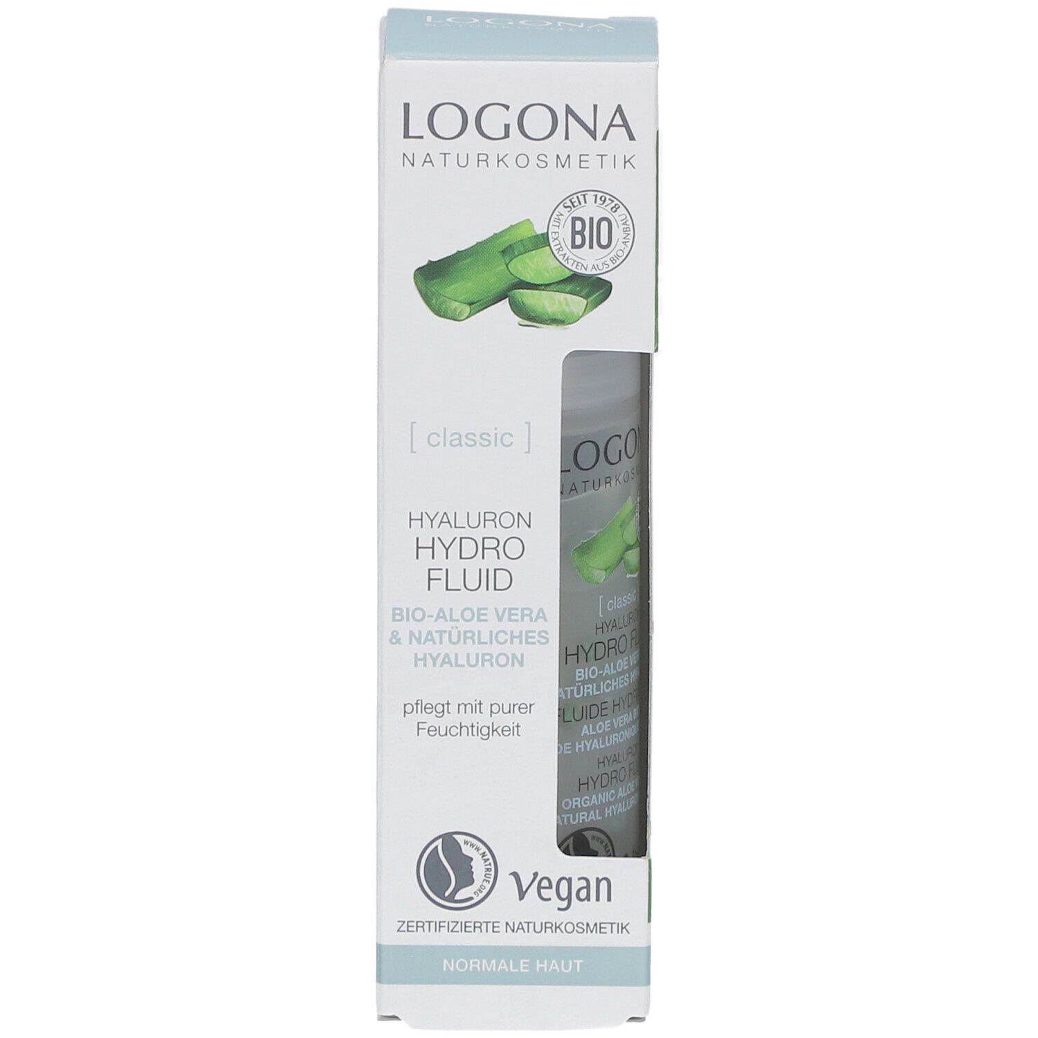 Produktverpackung mit Logo und Produktbezeichnung. Enthält eine Flasche Hyaluron Hydro Fluid Bio-Aloe Vera & Hyaluron.