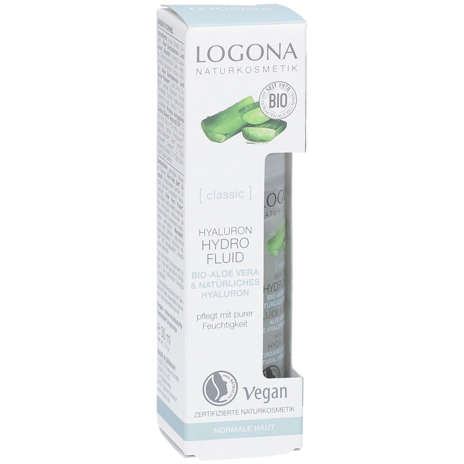 Produktverpackung mit Logo und Produktbezeichnung. Enthält eine Flasche Hyaluron Hydro Fluid Bio-Aloe Vera & Hyaluron.