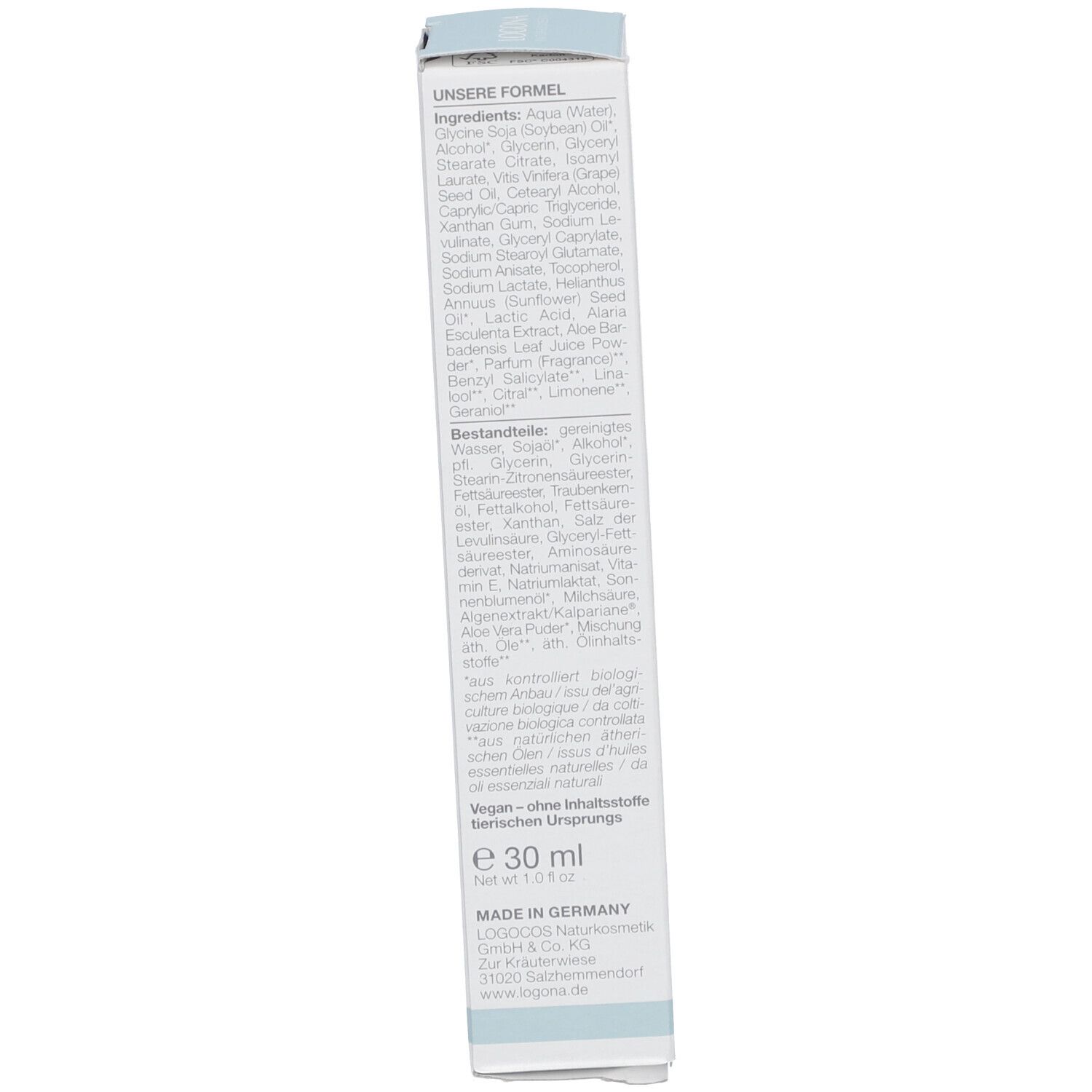 Verpackung mit Text. Enthält Inhaltsstoffe, Volumen 30 ml und "MADE IN GERMANY".