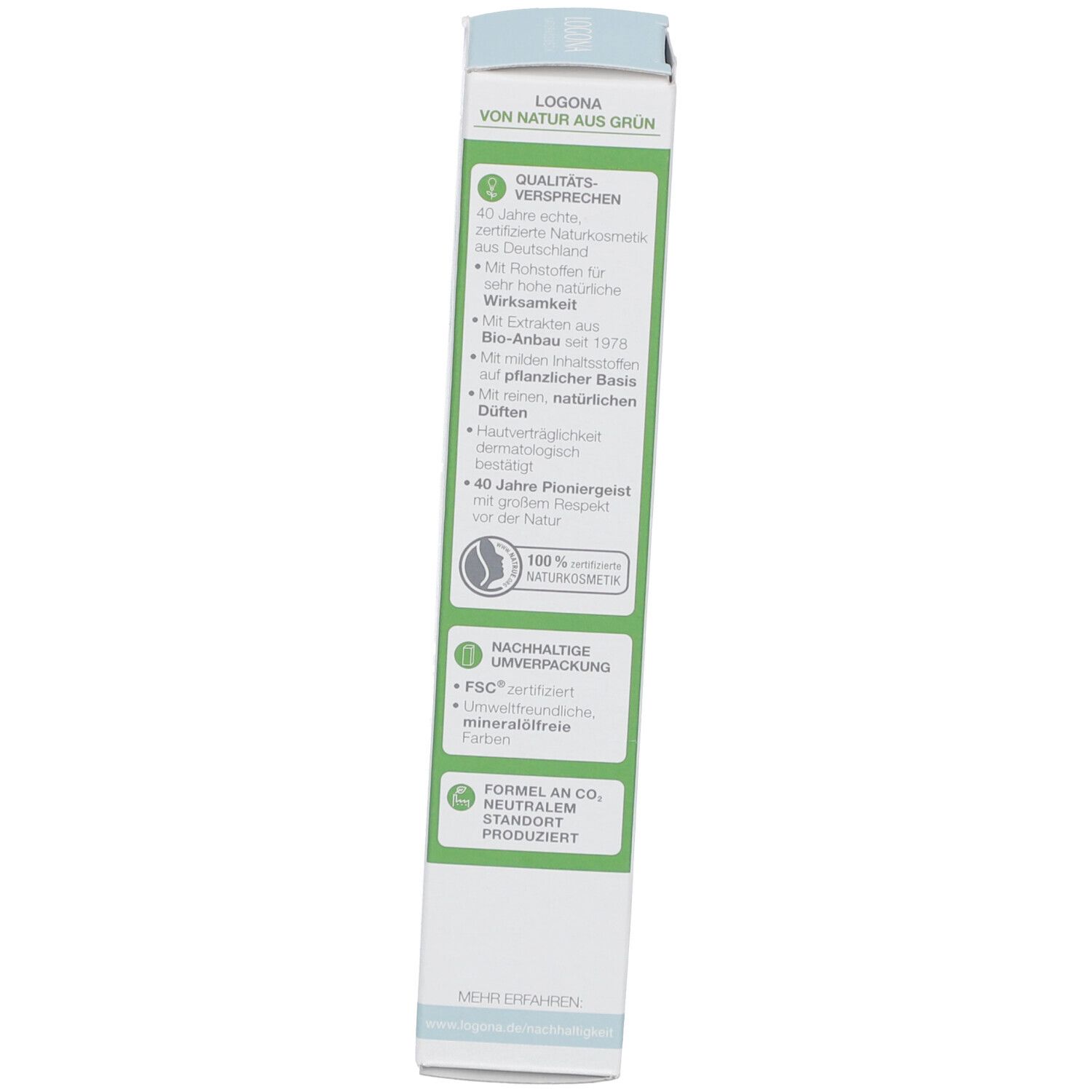 Verpackung mit Text. Enthält Logos, Text über Qualität und Nachhaltigkeit, FSC-Zertifizierung.