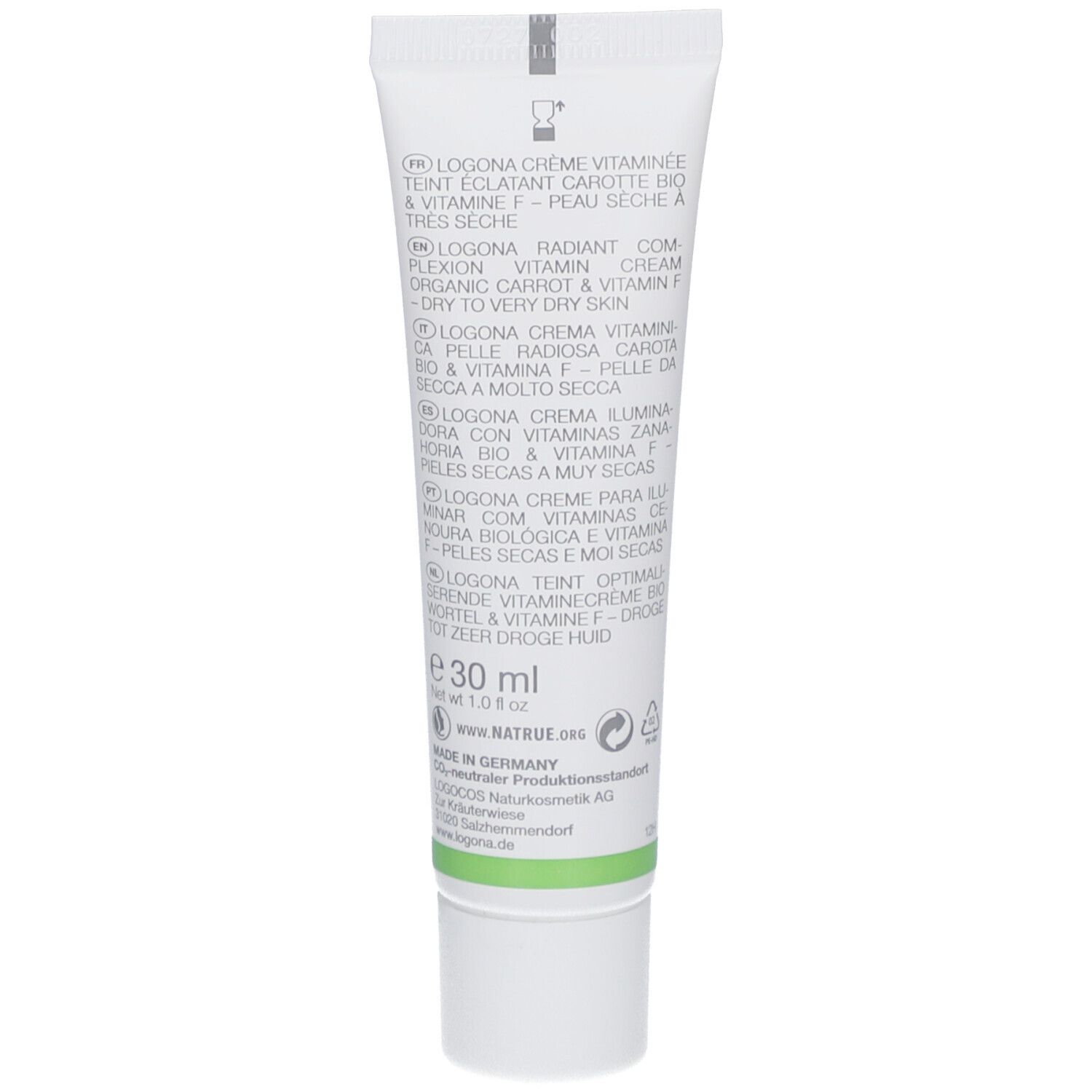 Rückseite der Creme-Tube. Mehrsprachiger Text, darunter Inhaltsstoffe und Herstellerinformationen.