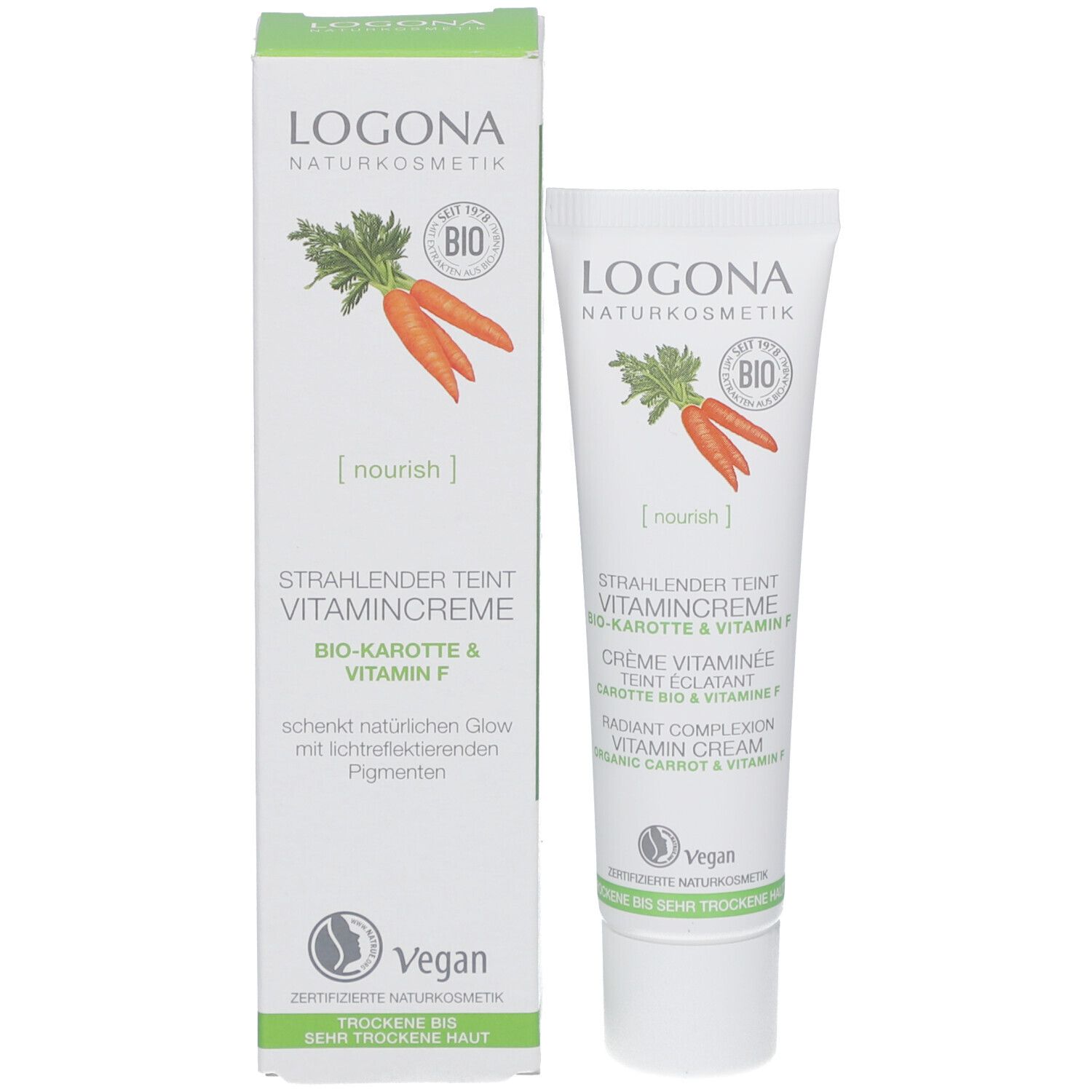 Produktverpackung und Tube. Verpackung mit Karotten-Illustration und Produktbezeichnung. Vegan-Siegel.