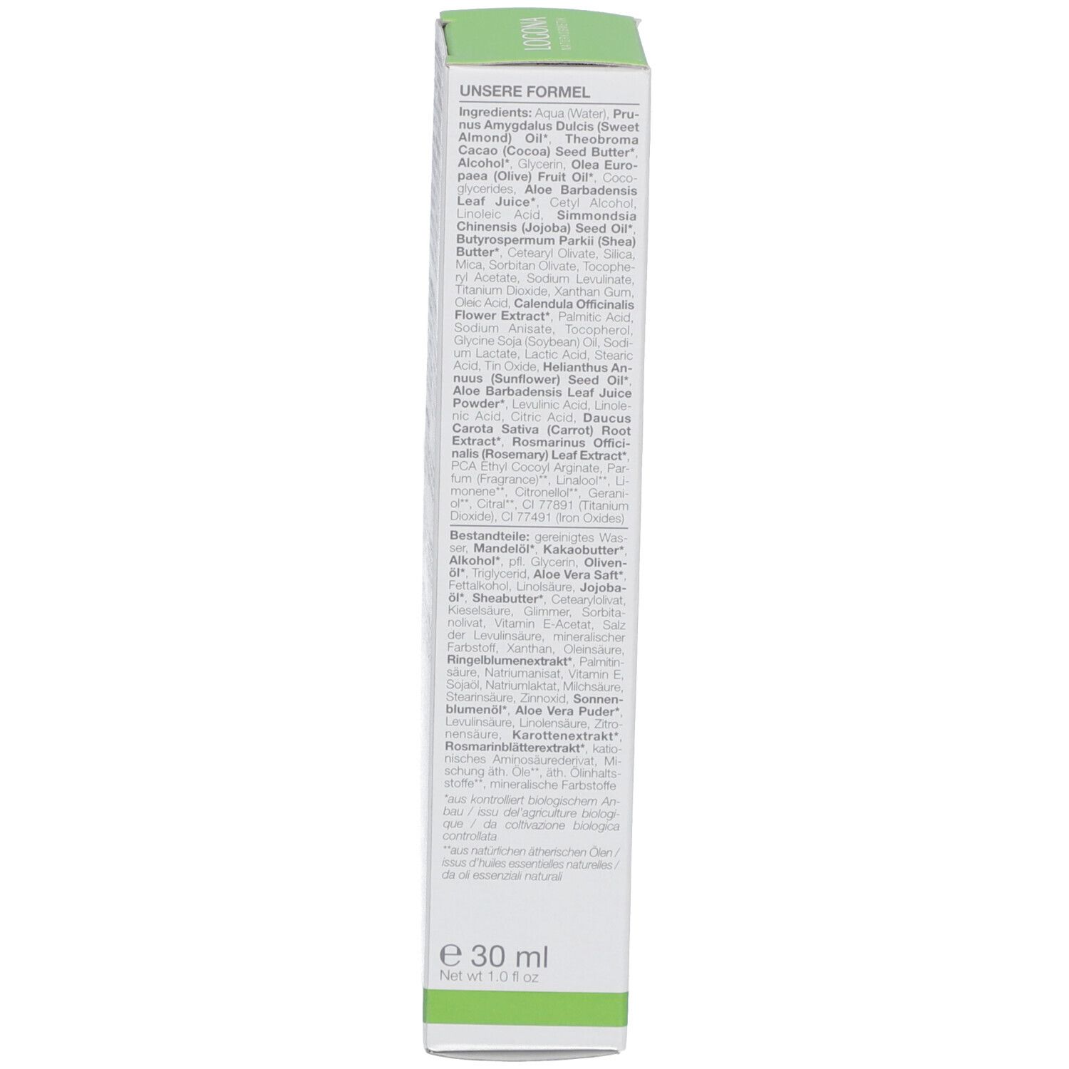 Seitenansicht der Produktverpackung. Auflistung der Inhaltsstoffe in deutscher Sprache.