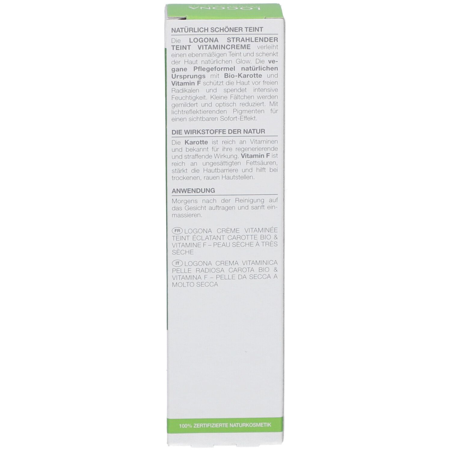 Rückseite der Produktverpackung. Produktbeschreibung und Anwendungshinweise in Deutsch.