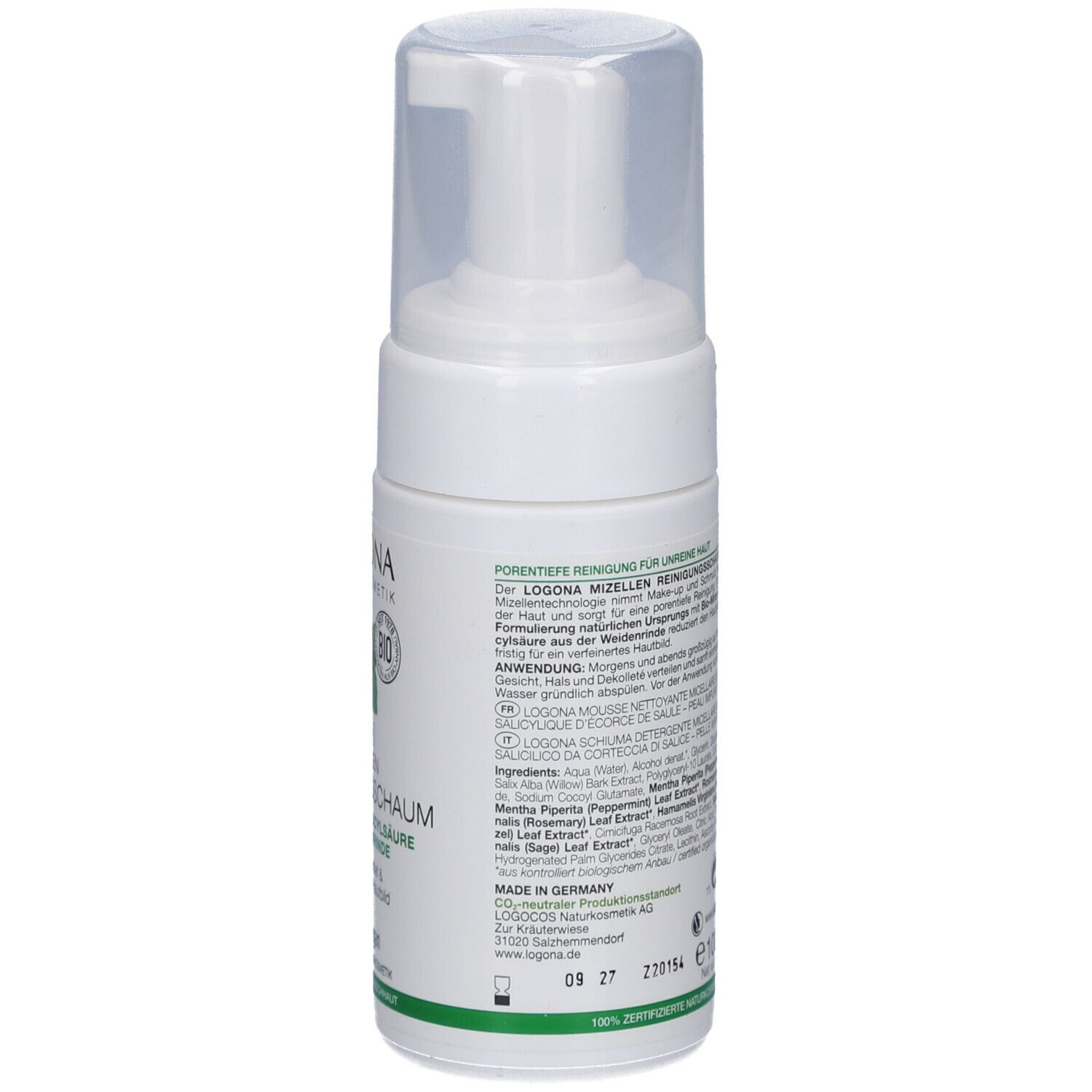 Weiße Flasche mit Pumpaufsatz. Rückseite mit Text. Grüne Akzente. Volumen: 100 ml. Hergestellt in Deutschland.