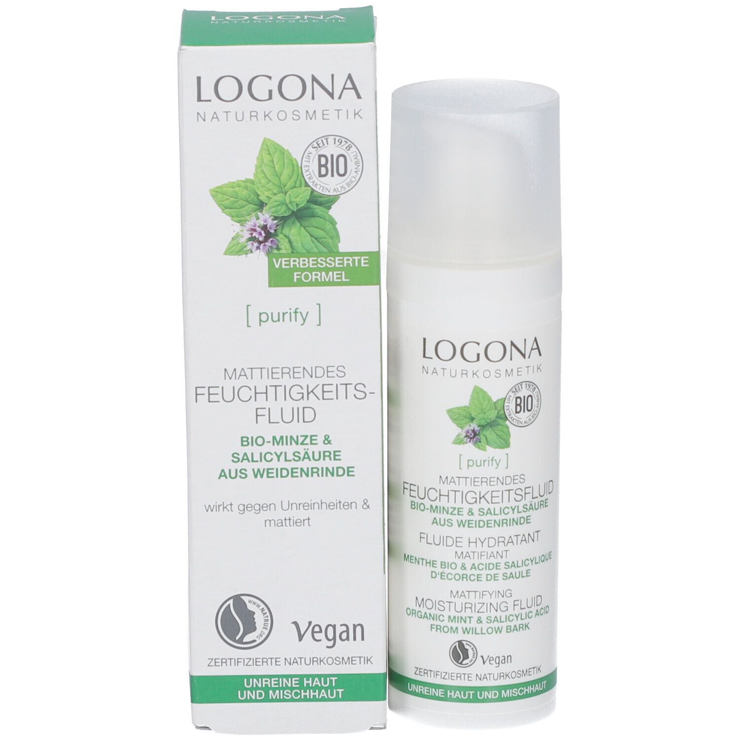 Produktflasche und Verpackung. Text: LOGONA, Mattierendes Feuchtigkeitsfluid, Bio-Minze & Salicylsäure. Vegan.