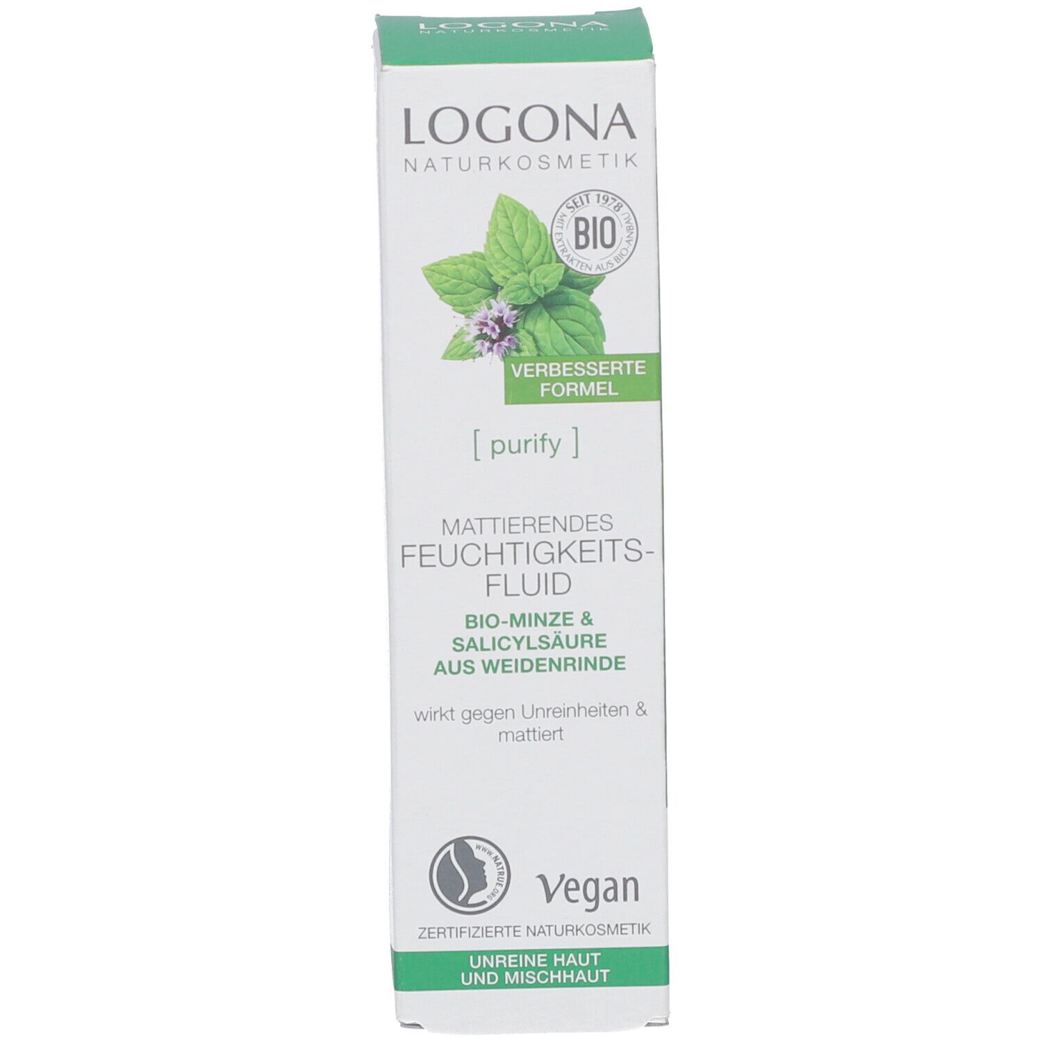 Produktverpackung. Text: LOGONA, Mattierendes Feuchtigkeitsfluid, Bio-Minze & Salicylsäure. Vegan.
