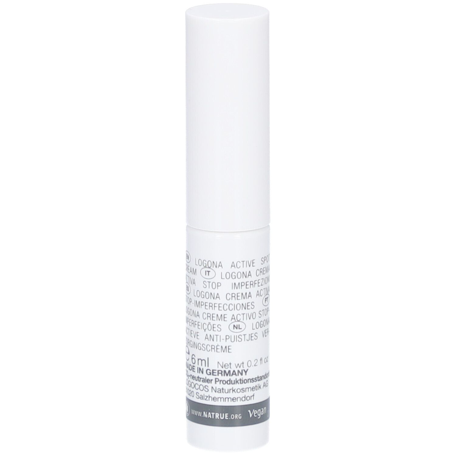 Weißer Stift mit Produktinformationen. Logo und Text: PURIFY Aktiv Pickel-Stopp Bio-Minze & Salicylsäure.
