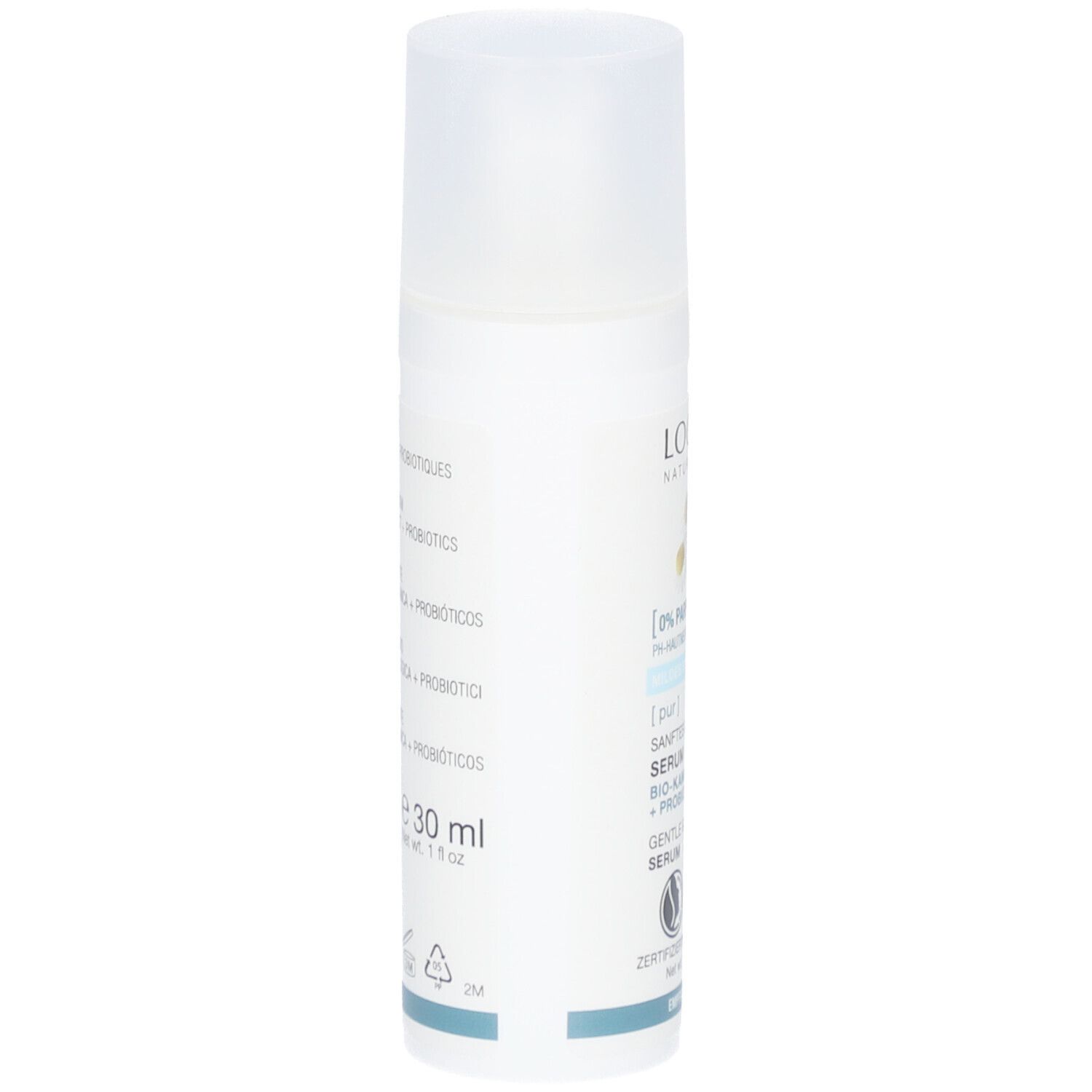 Weißes Serum mit Sprühkopf. Aufschrift: LOGONA, Bio-Kamillenextrakt, Probiotika, Vegan. 30 ml.