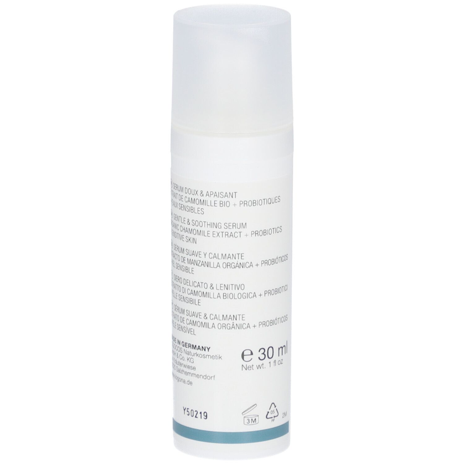 Weißes Serum mit Sprühkopf. Aufschrift: LOGONA, Bio-Kamillenextrakt, Probiotika, Vegan. 30 ml.