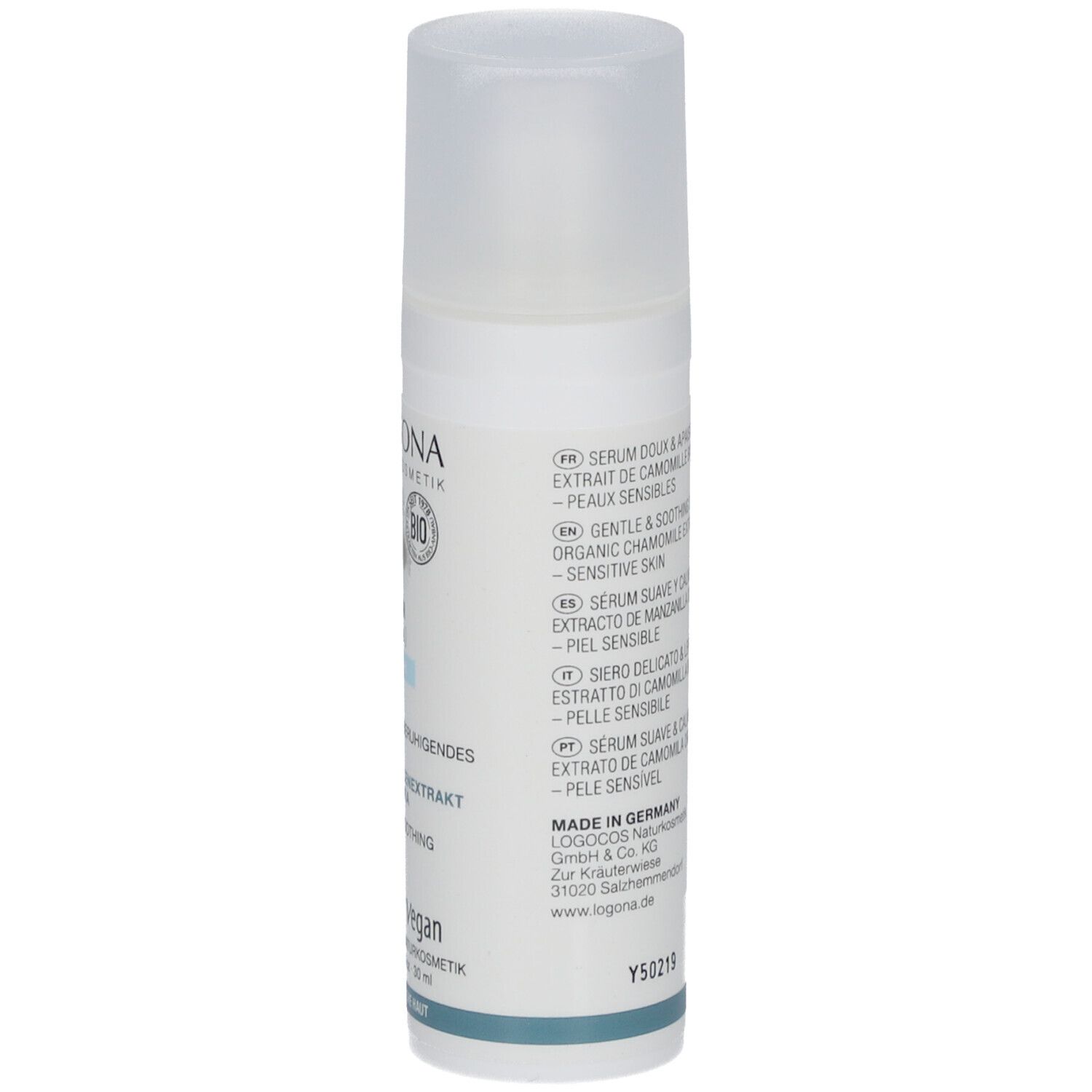 Weißes Serum mit Sprühkopf. Aufschrift: LOGONA, Bio-Kamillenextrakt, Probiotika, Vegan. 30 ml.