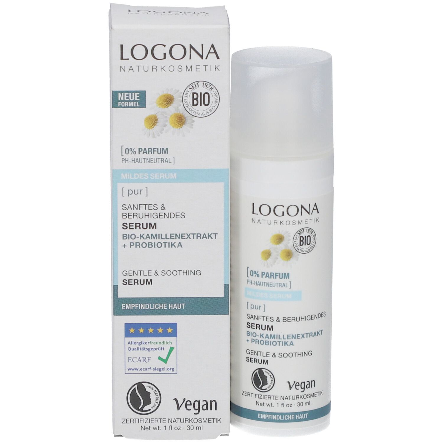 Serum und Verpackung. Aufschrift: LOGONA, Bio-Kamillenextrakt, Probiotika, Vegan. Zertifiziert.