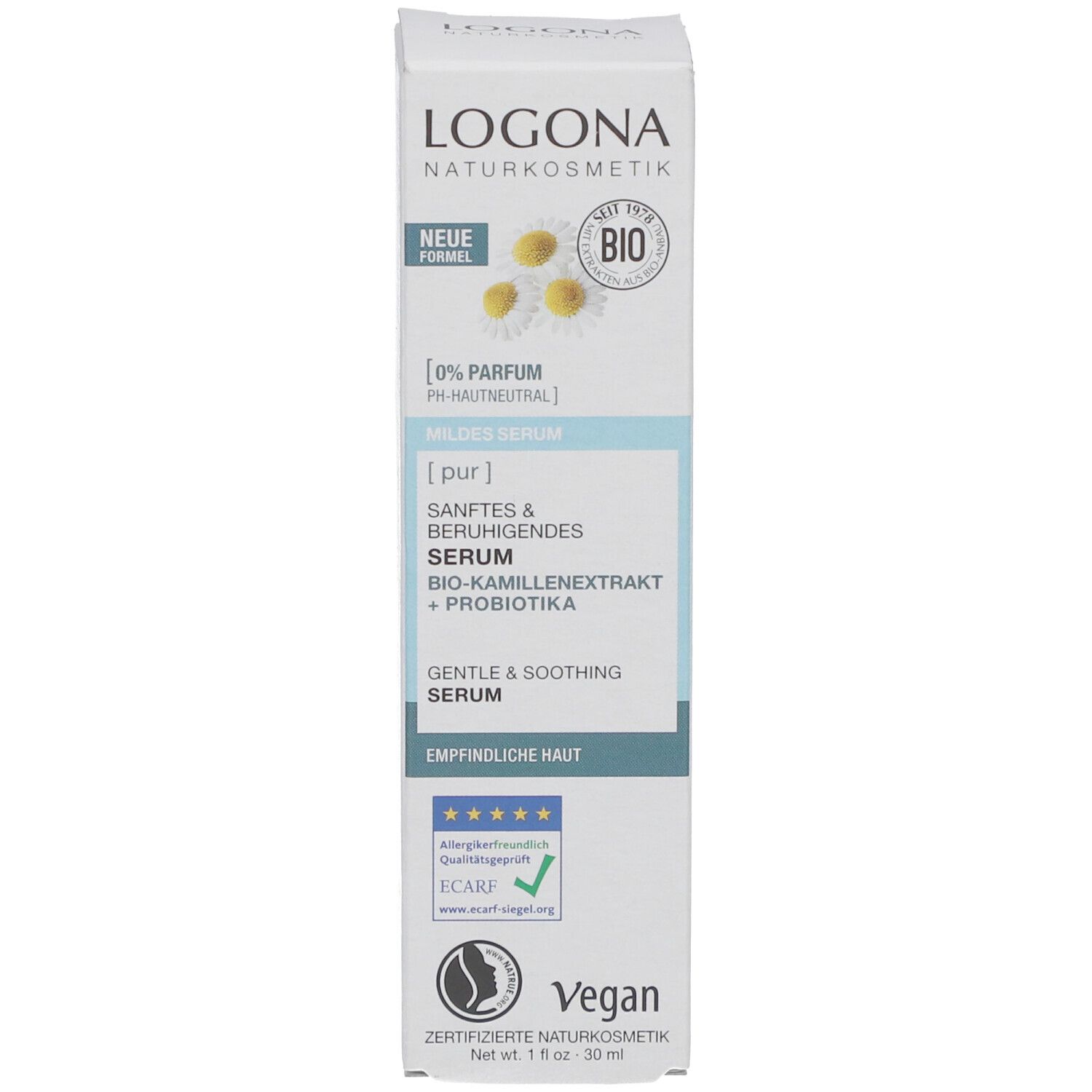 Verpackung. Aufschrift: LOGONA, Bio-Kamillenextrakt, Probiotika, Vegan. Zertifiziert. Mit Logo.