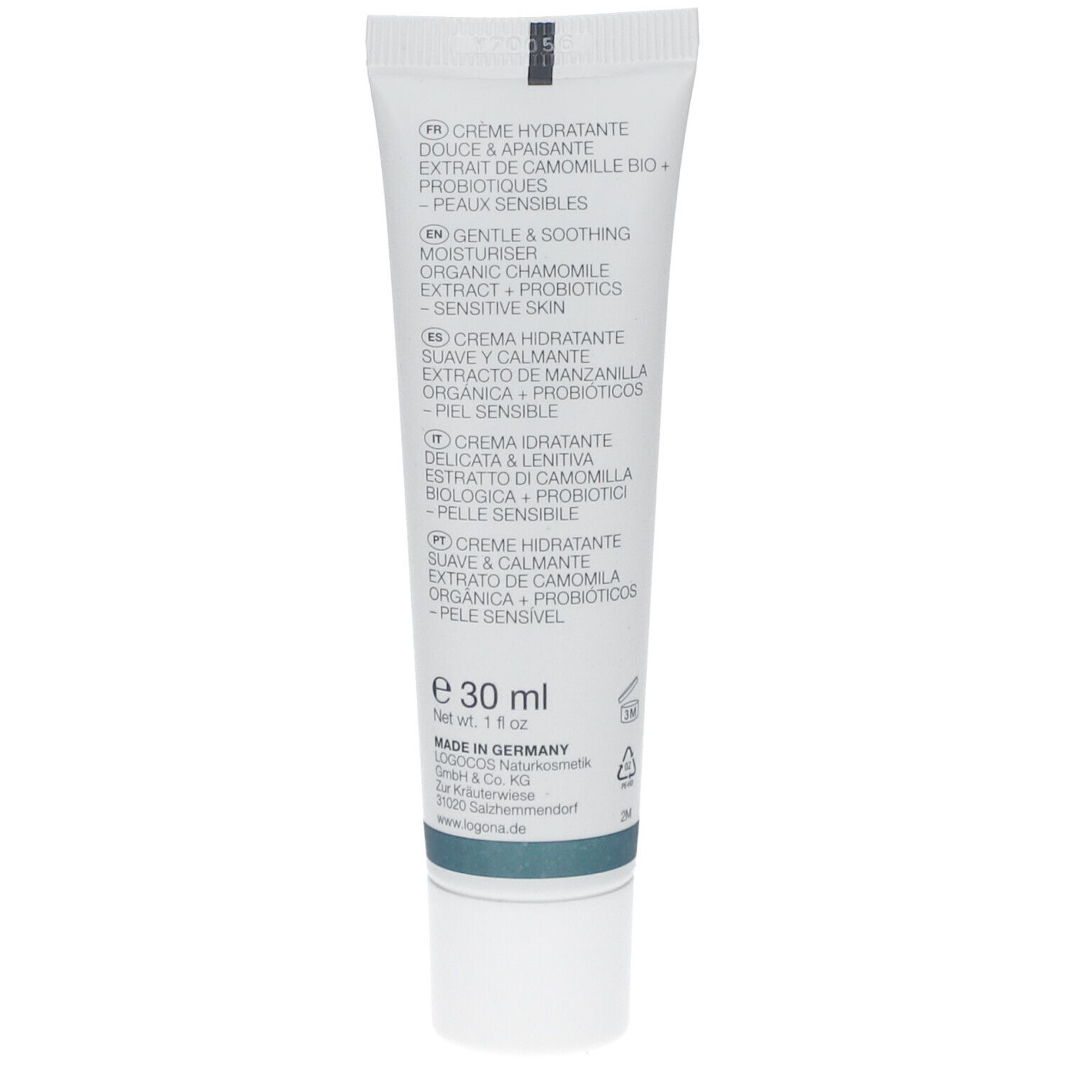Creme-Tube, weiß. Text: Creme hydratante, Kamillenextrakt, Probiotika. Volumen: 30 ml. Marke: LOGONA.