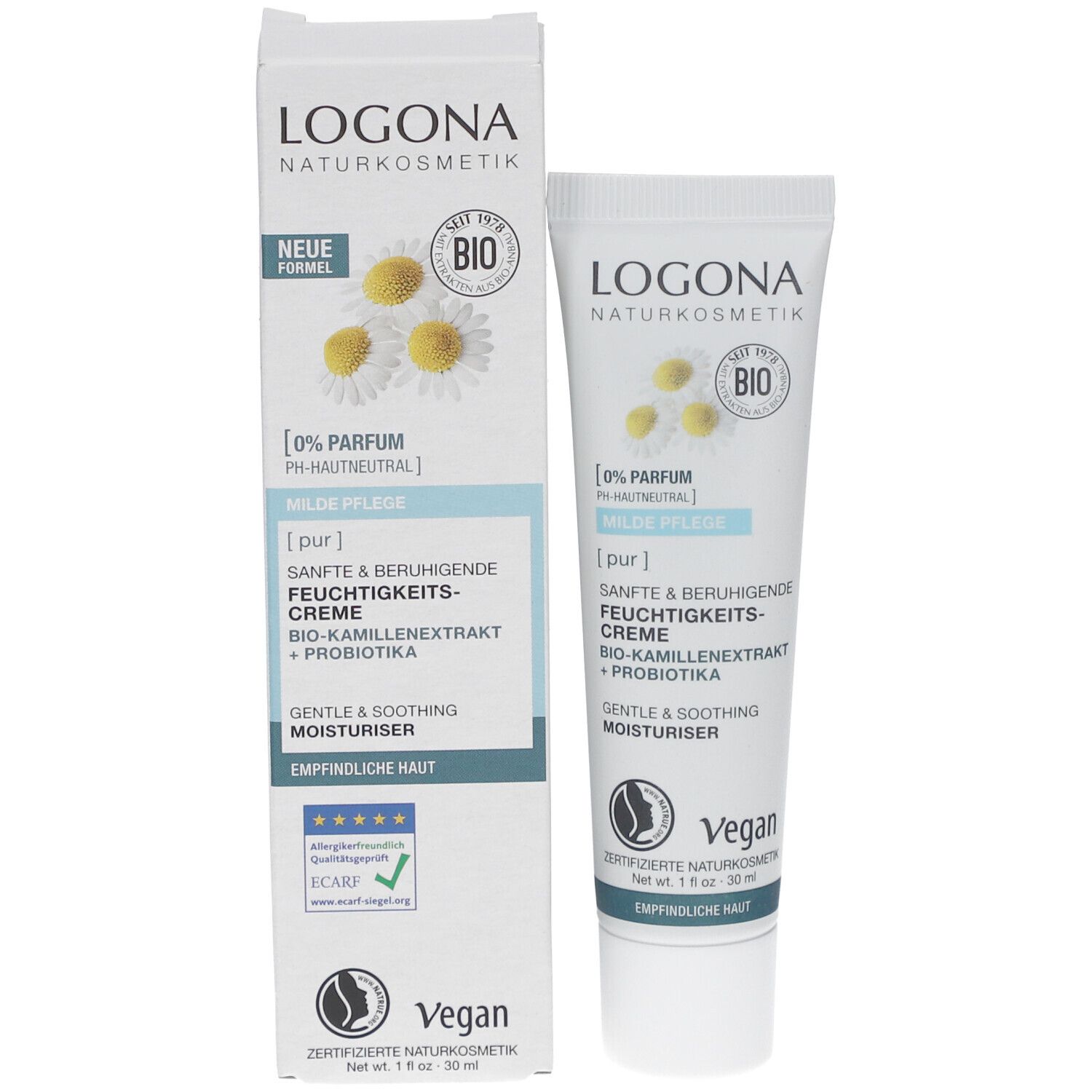 Produktverpackung mit Tube. Tube und Karton weiß. Text: LOGONA, Kamille, Bio-Siegel, [pur], sanfte Feuchtigkeitscreme.