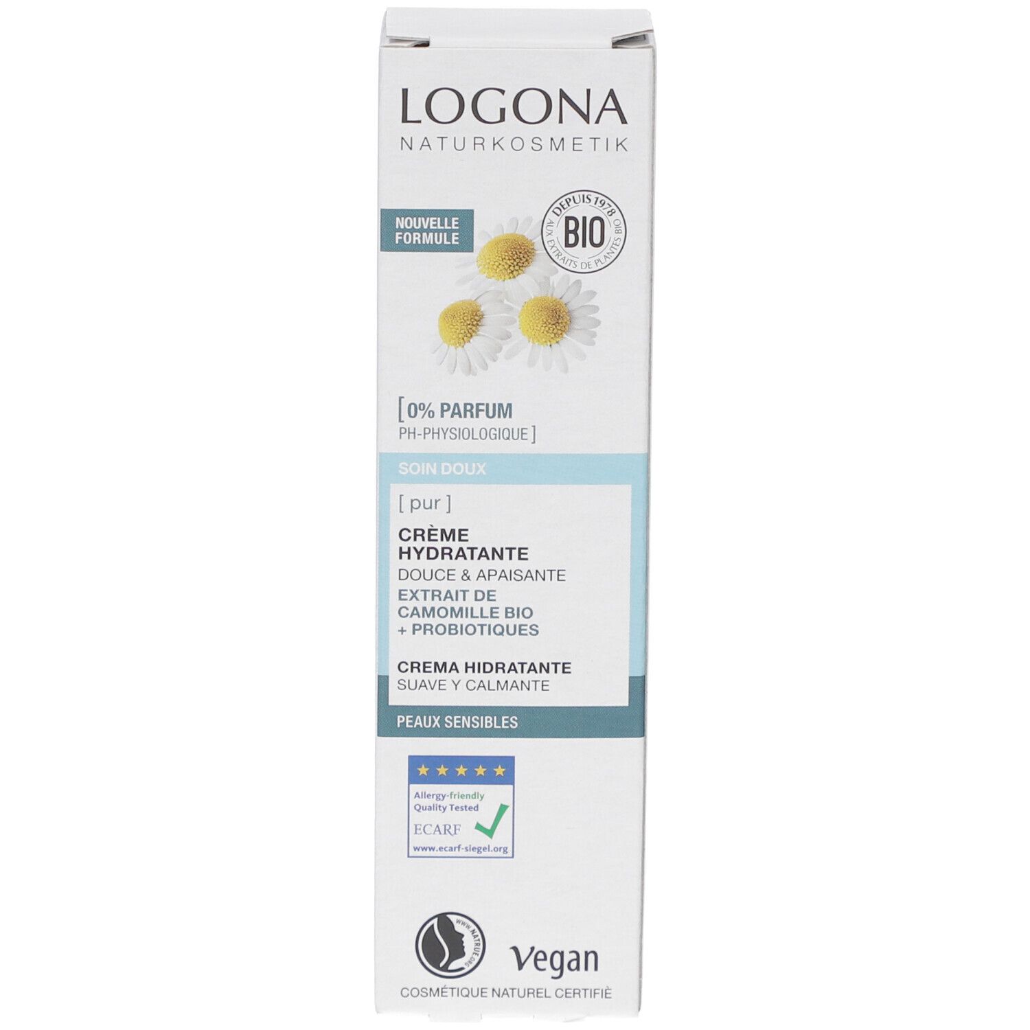 Karton, weiß. Text: LOGONA, Kamille, Bio-Siegel, [pur], Creme hydratante. Zertifizierungen: Vegan, ECARF.