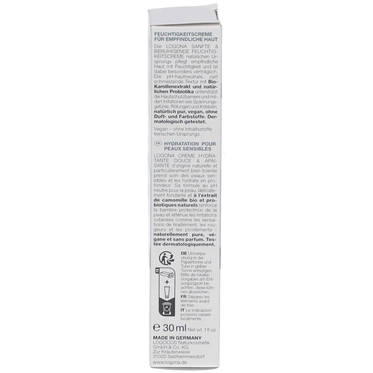 Karton, weiß. Text: Feuchtigkeitscreme für empfindliche Haut, LOGONA, 30 ml. Zertifizierungen: Vegan.