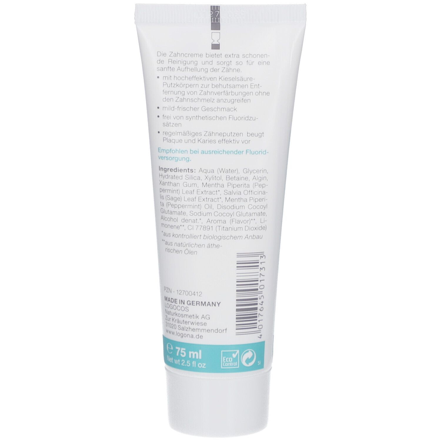 Rückseite der Zahncreme-Tube LOGODENT Naturweiß. Text in deutscher Sprache: Inhaltsstoffe, Beschreibung, Herstellerinformationen, Bio-Siegel.
