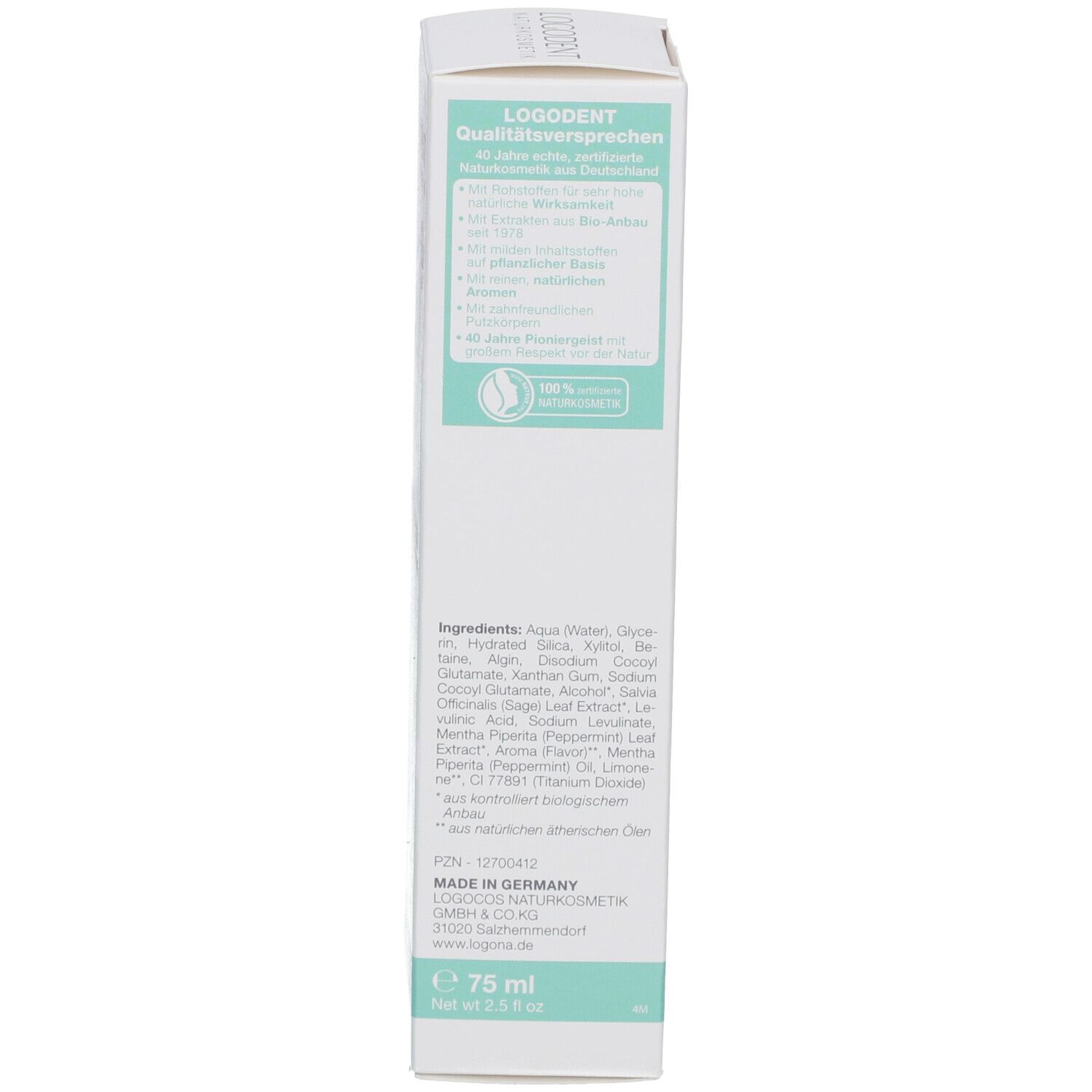 Verpackung der Zahncreme LOGODENT Naturweiß. Text in deutscher Sprache: Inhaltsstoffe, Herstellerinformationen, Bio-Siegel, Vegan-Siegel.