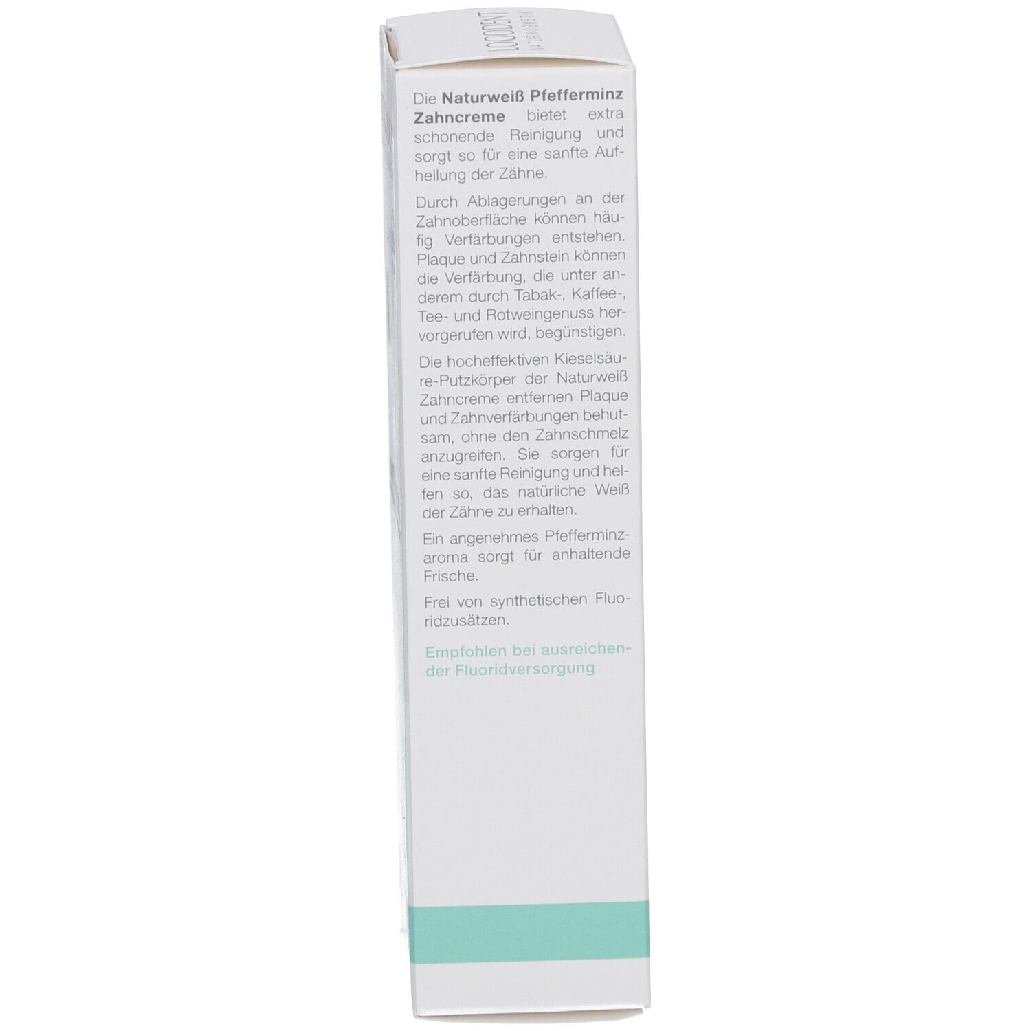 Seite der Verpackung der Zahncreme LOGODENT Naturweiß. Text in deutscher Sprache: Beschreibung, Vorteile, Inhaltsstoffe, Bio-Siegel.