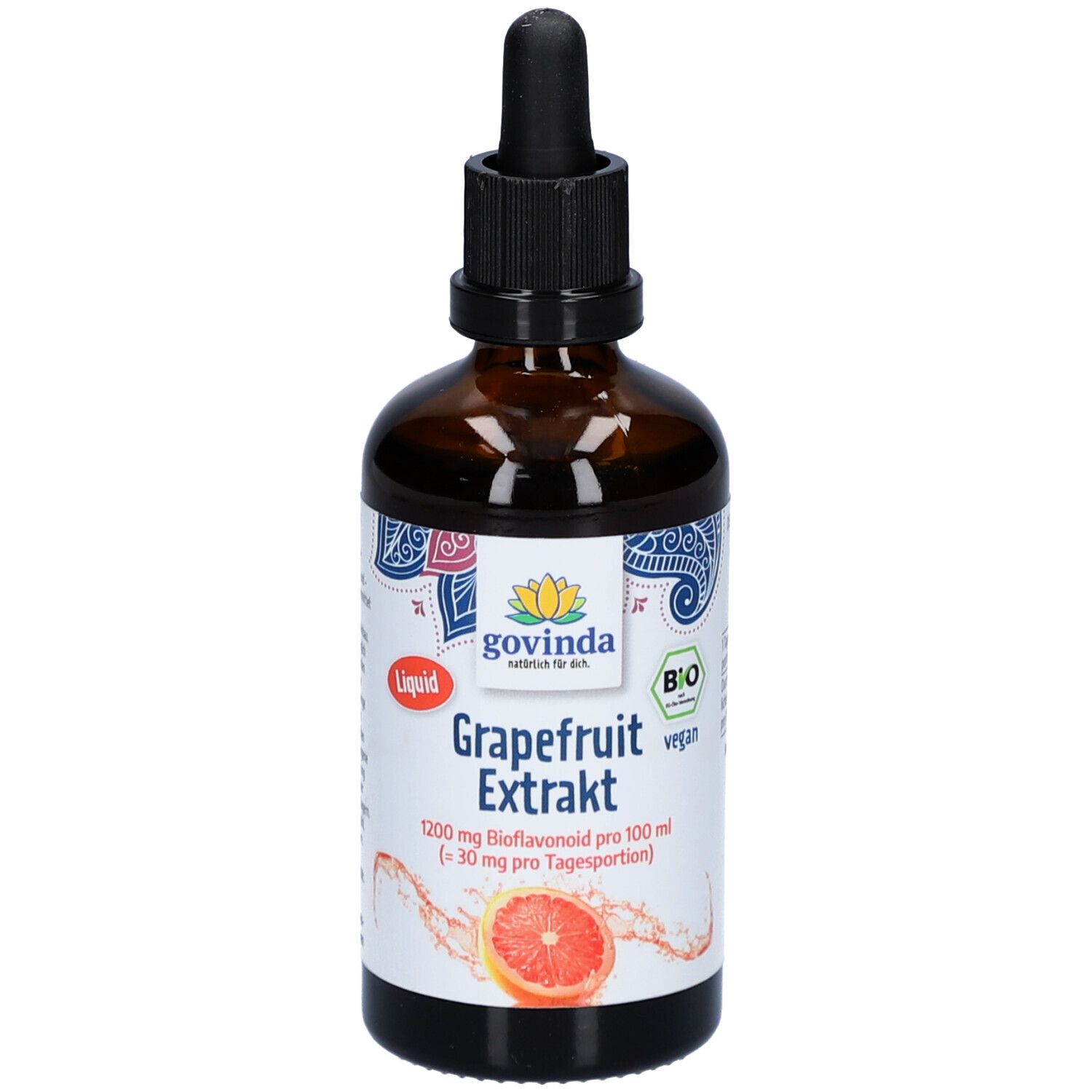 Braune Glasflasche mit schwarzem Deckel und Pipette. Etikett mit Produktname, Bio-Siegel und Grapefruit-Abbildung.