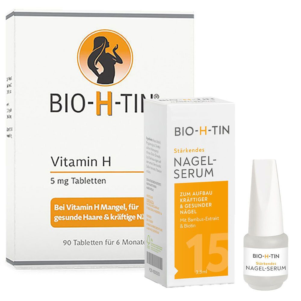 Drei Produkte: Tablettenbox, Nagelserum-Box und Nagelserum-Fläschchen. Aufdrucke: BIO-H-TIN, Vitamin H, Nagel-Serum.
