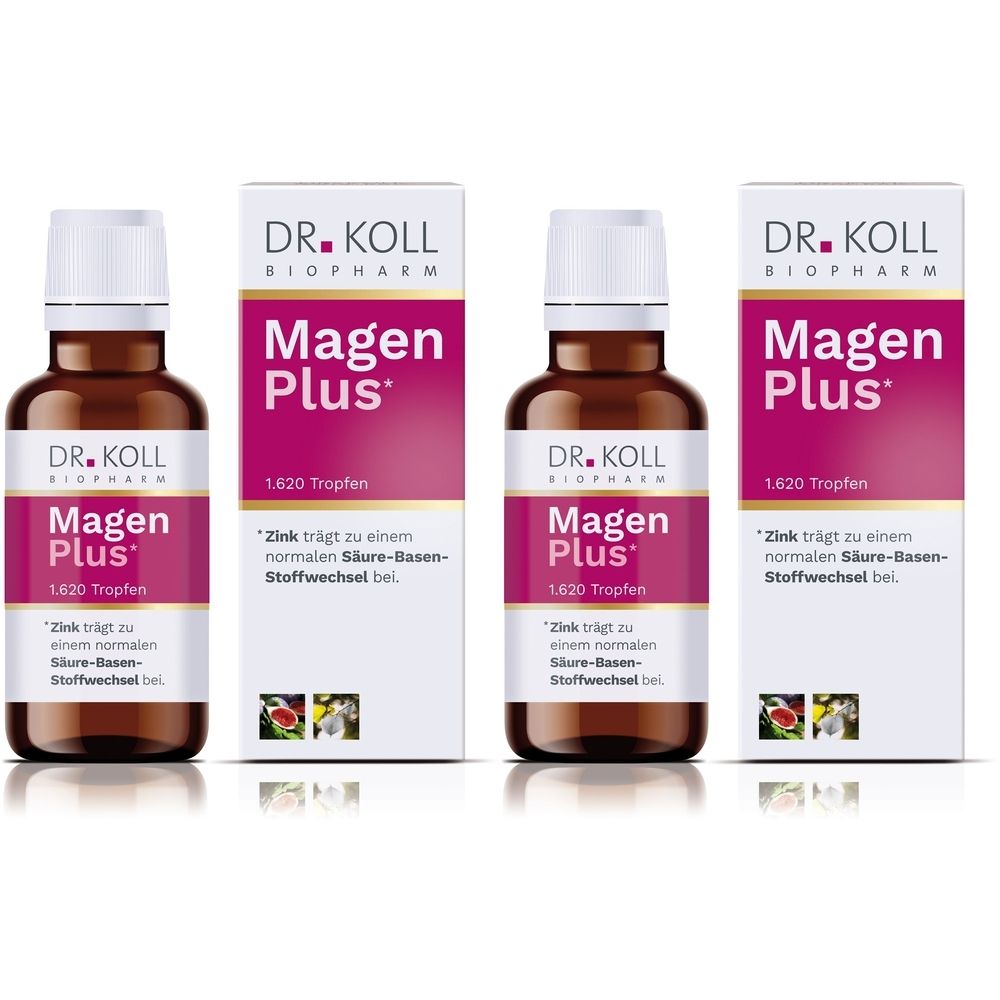 Mehrere Flaschen und Verpackungen von DR. KOLL Magen Plus. Aufschrift: Magen Plus, 1.620 Tropfen. Zink trägt zu einem normalen Säure-Basen-Stoffwechsel bei.