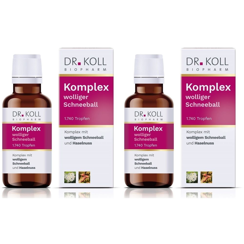 Drei Flaschen und Verpackungen von DR. KOLL Komplex wolliger Schneeball. Braune Flaschen mit weißem Deckel, weiße Verpackungen mit Produktnamen.