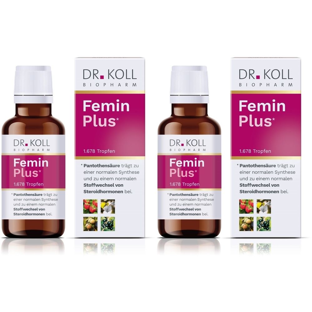 Mehrere Flaschen und Verpackungen von Dr. Koll Femin Plus. Braune Glasflaschen mit weißen Deckeln, umgeben von weißen Schachteln mit rosa Akzenten und Produktinformationen.