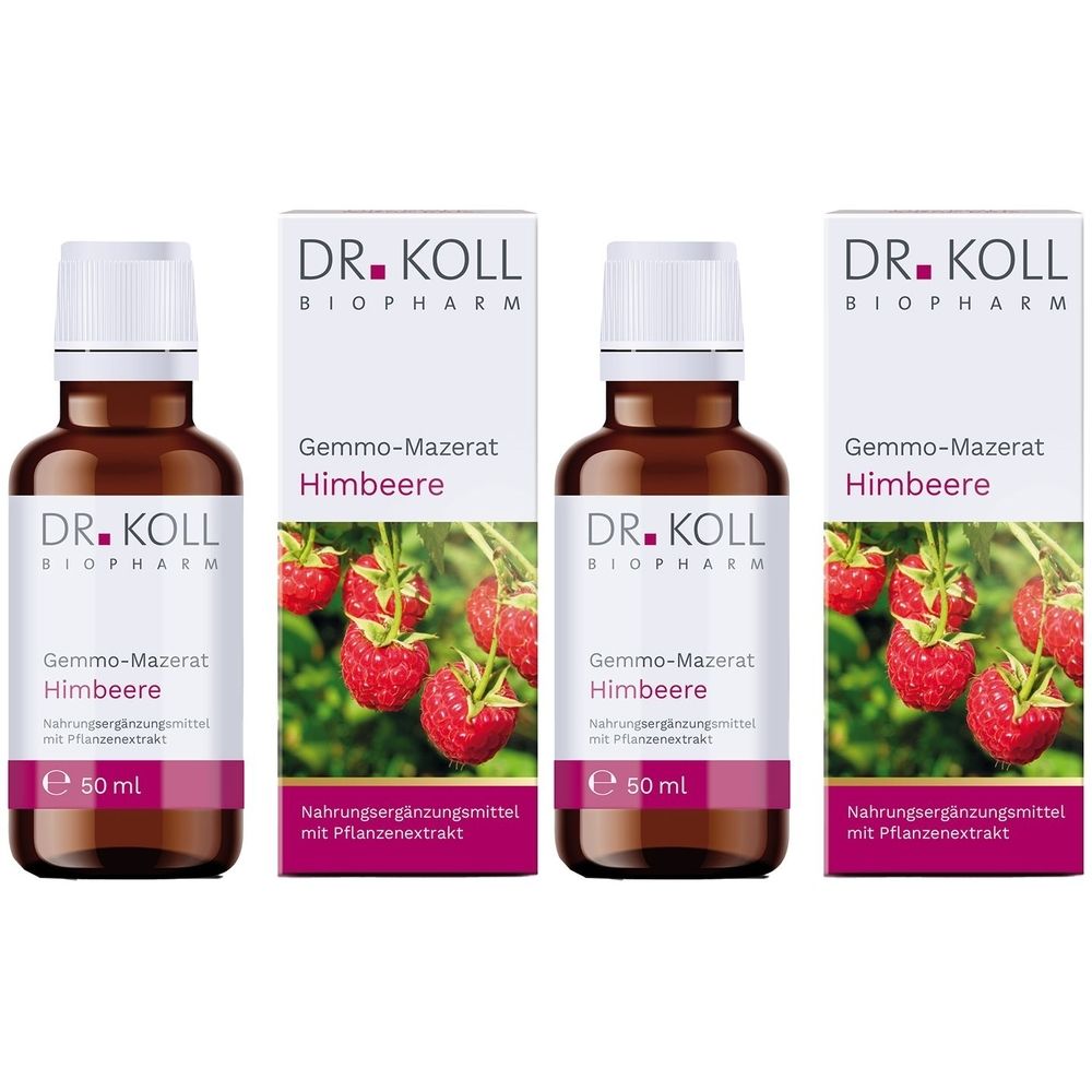 Drei Flaschen und Verpackungen von DR. KOLL Gemmo-Mazerat Himbeere. Braune Flaschen mit weißen Deckeln, umgeben von weißen Schachteln mit Himbeerabbildung.