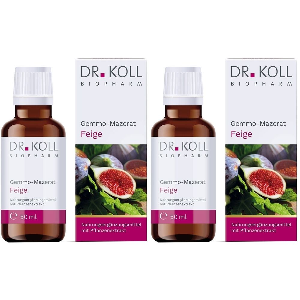 Drei Flaschen und Verpackungen von DR. KOLL Gemmo-Mazerat Feige. Braune Flaschen mit weißen Deckeln, umgeben von weißen Schachteln mit Produktinformationen und Feigenabbildung.
