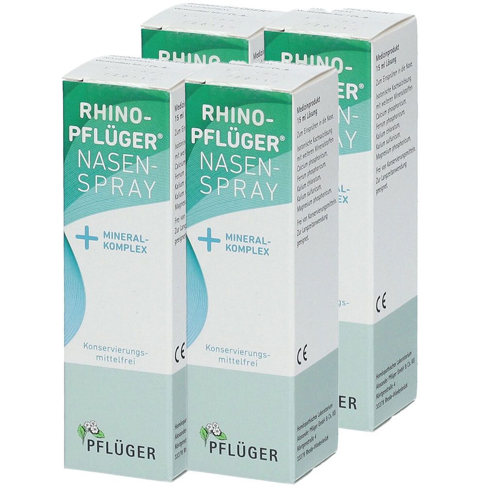 Drei weiße Kartons mit grüner Schrift. Aufdruck: Rhino-Pflüger Nasenspray + Mineralkomplex. CE-Zeichen.