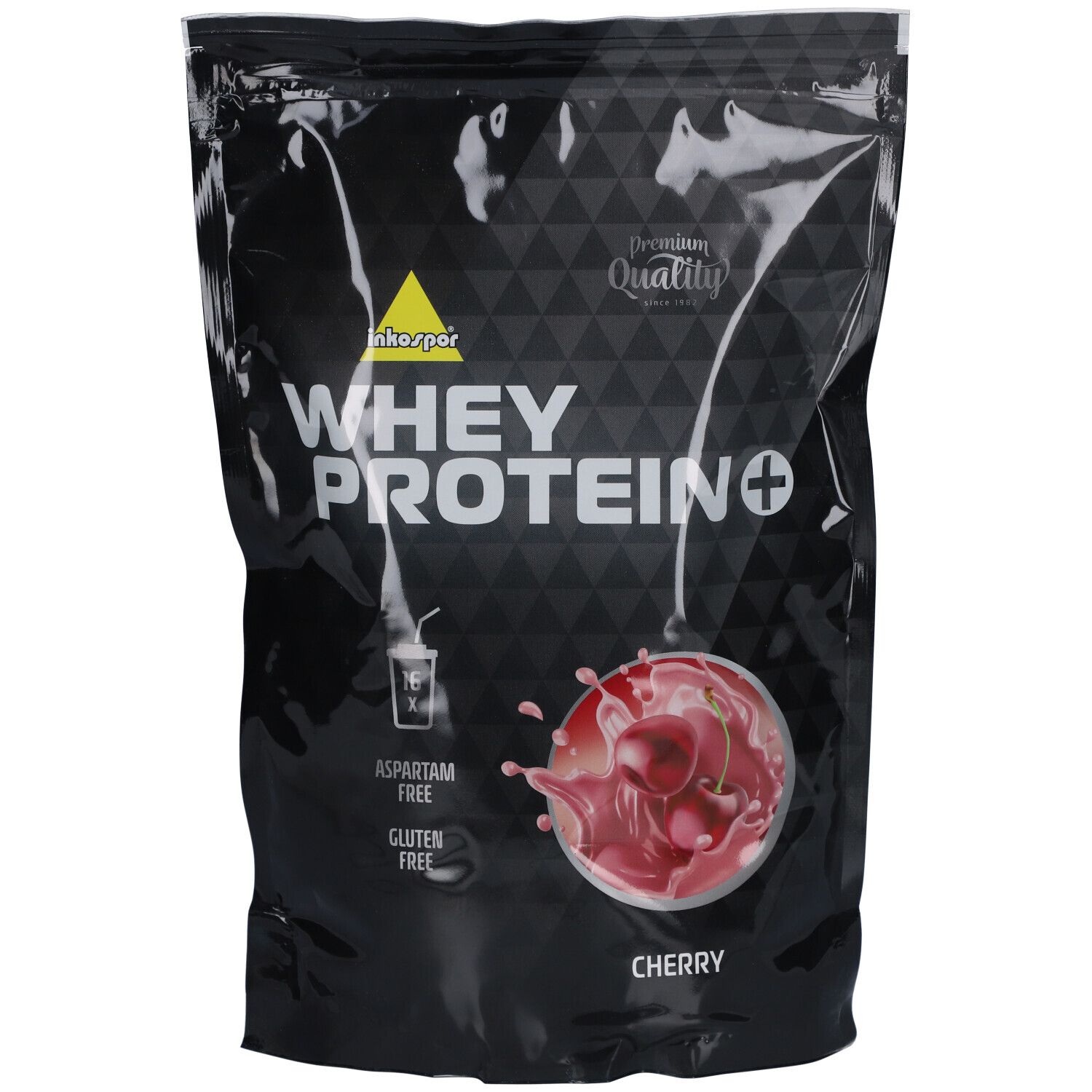 Schwarze Verpackung mit "Inkospor Whey Protein + Kirsche". Kirsch-Illustration. "Aspartam Free", "Gluten Free".