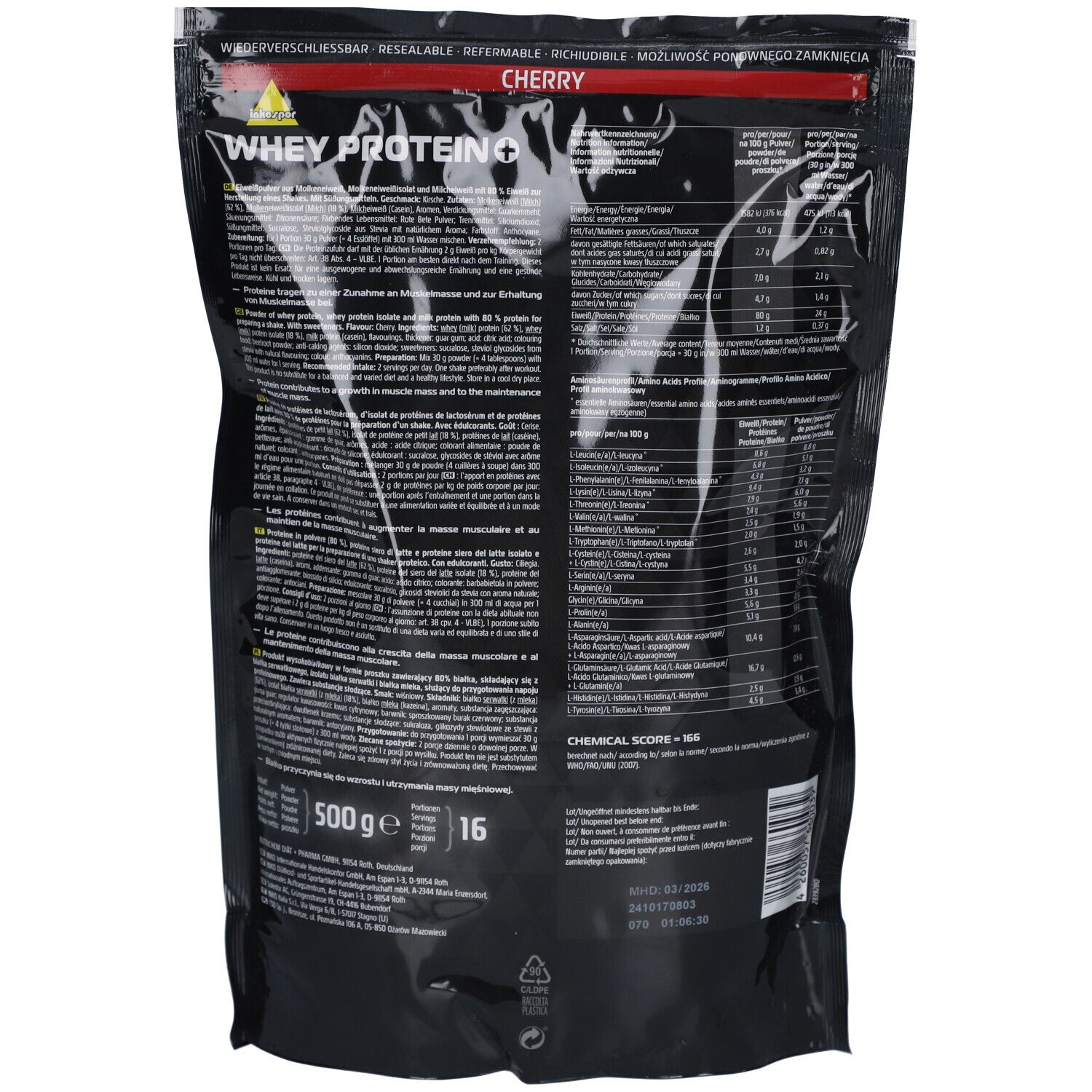 Rückseite der "Inkospor Whey Protein + Kirsche" Verpackung. Text und Nährwertangaben. "Cherry" oben.