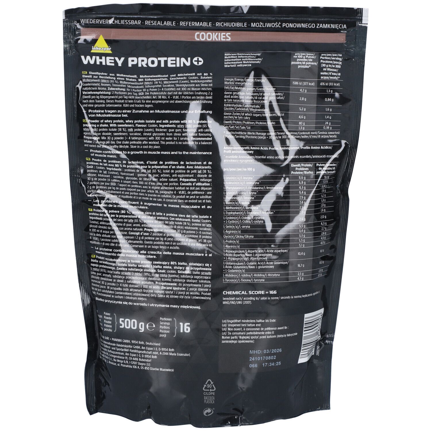 Rückseite der "Inkospor Whey Protein + Cookies & Cream" Verpackung. Enthält Nährwertangaben und Text in mehreren Sprachen.