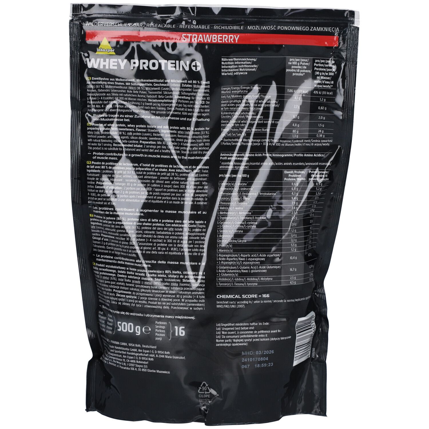 Rückseite der schwarzen Verpackung Inkospor Whey Protein + Erdbeere. Text mit Nährwertangaben und Inhaltsstoffen.