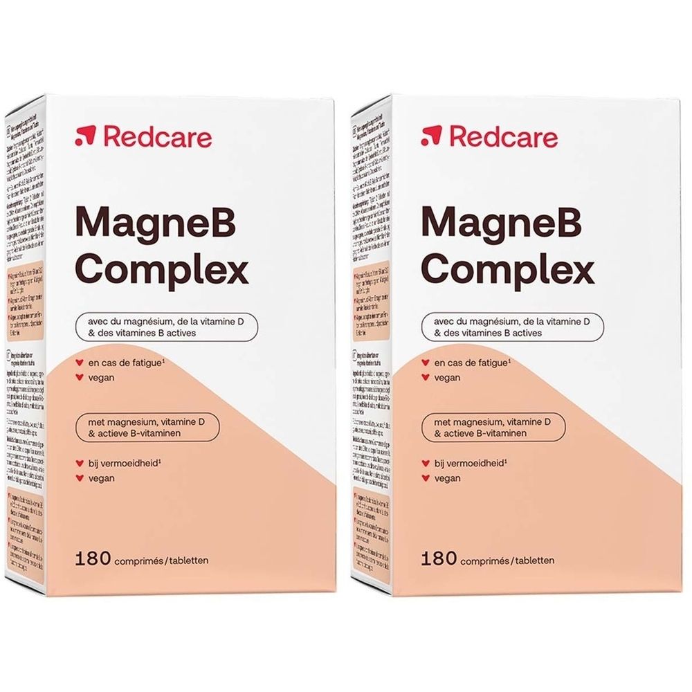 Deux boîtes de Redcare MagneB Complex. Emballage blanc avec texte rouge. Contient 180 comprimés.