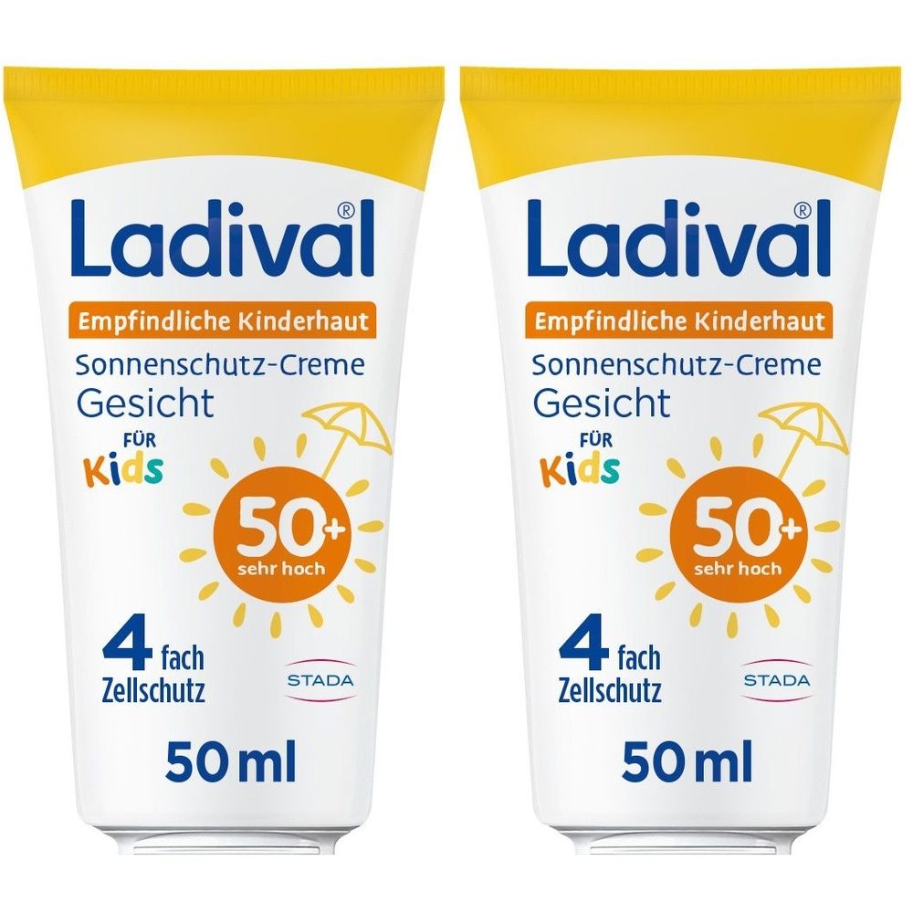 Zwei Tuben Ladival Sonnenschutz-Creme für Kindergesicht. Weiß mit gelbem Deckel. Aufschrift: LSF 50+, 50 ml.