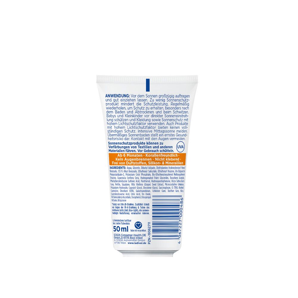 Rückseite der Ladival® Sonnenschutz-Creme Tube. Text in deutscher Sprache, Inhaltsstoffe und Anwendung.