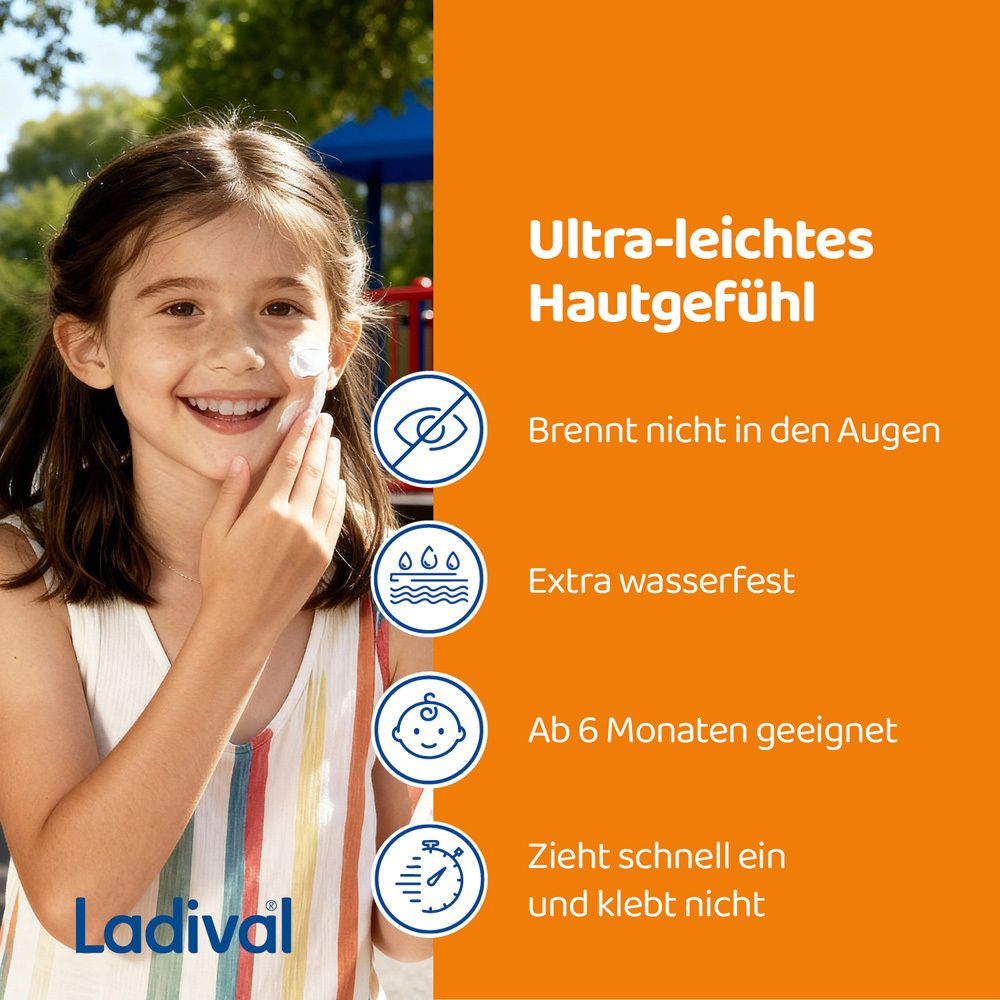 Kind lächelt. Text: Ultra-leichtes Hautgefühl. Brennt nicht in den Augen, extra wasserfest, ab 6 Monaten.