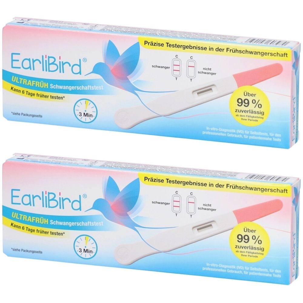 Zwei Packungen des Schwangerschaftstests EarliBird. Aufdrucke: Ultrafrüh, über 99% zuverlässig. Teststreifen-Abbildungen.
