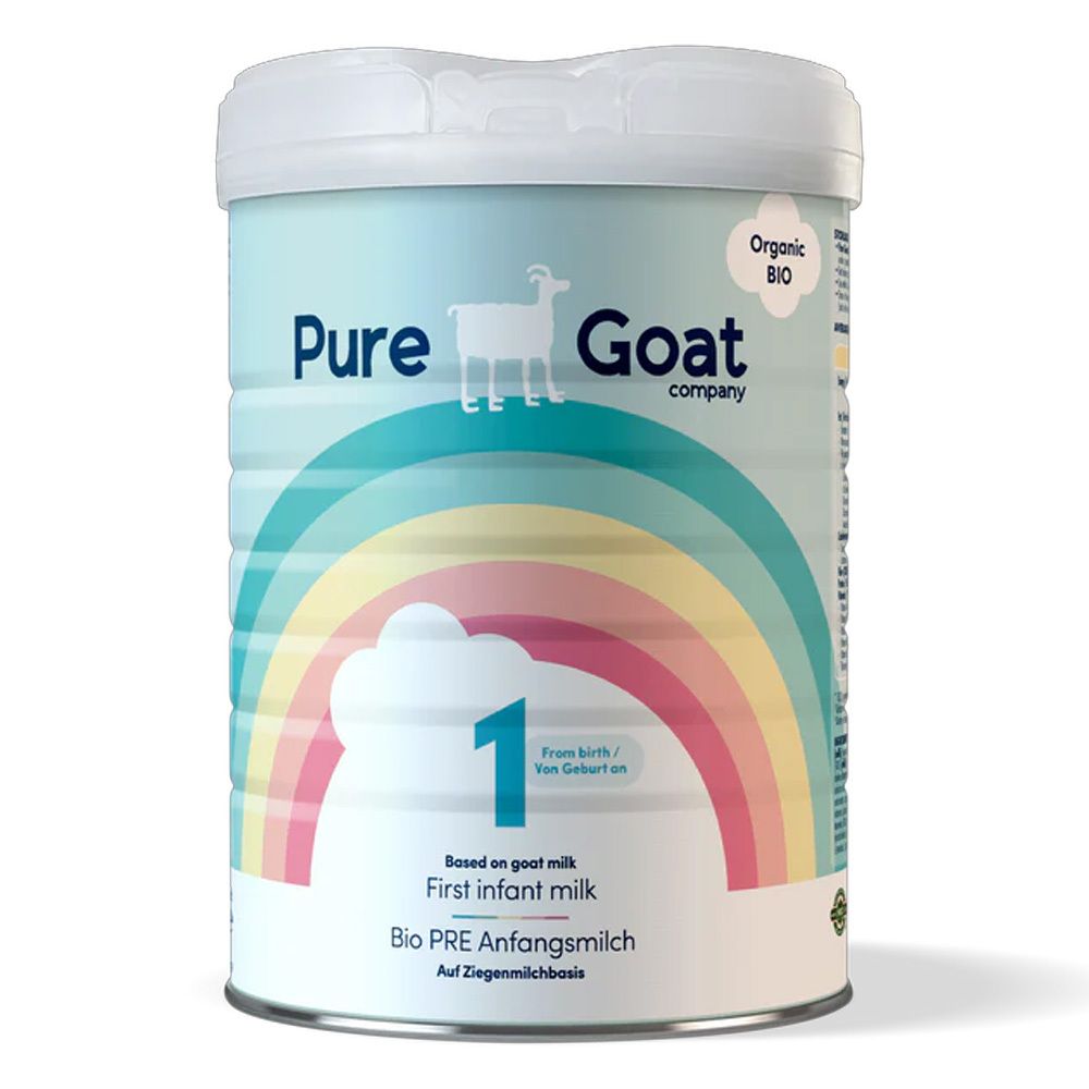 Dose Bio Pre Anfangsmilch. Aufschrift: Pure Goat Company, Ziege, 1, Bio. Regenbogen-Design. Deckel mit Öffnung.