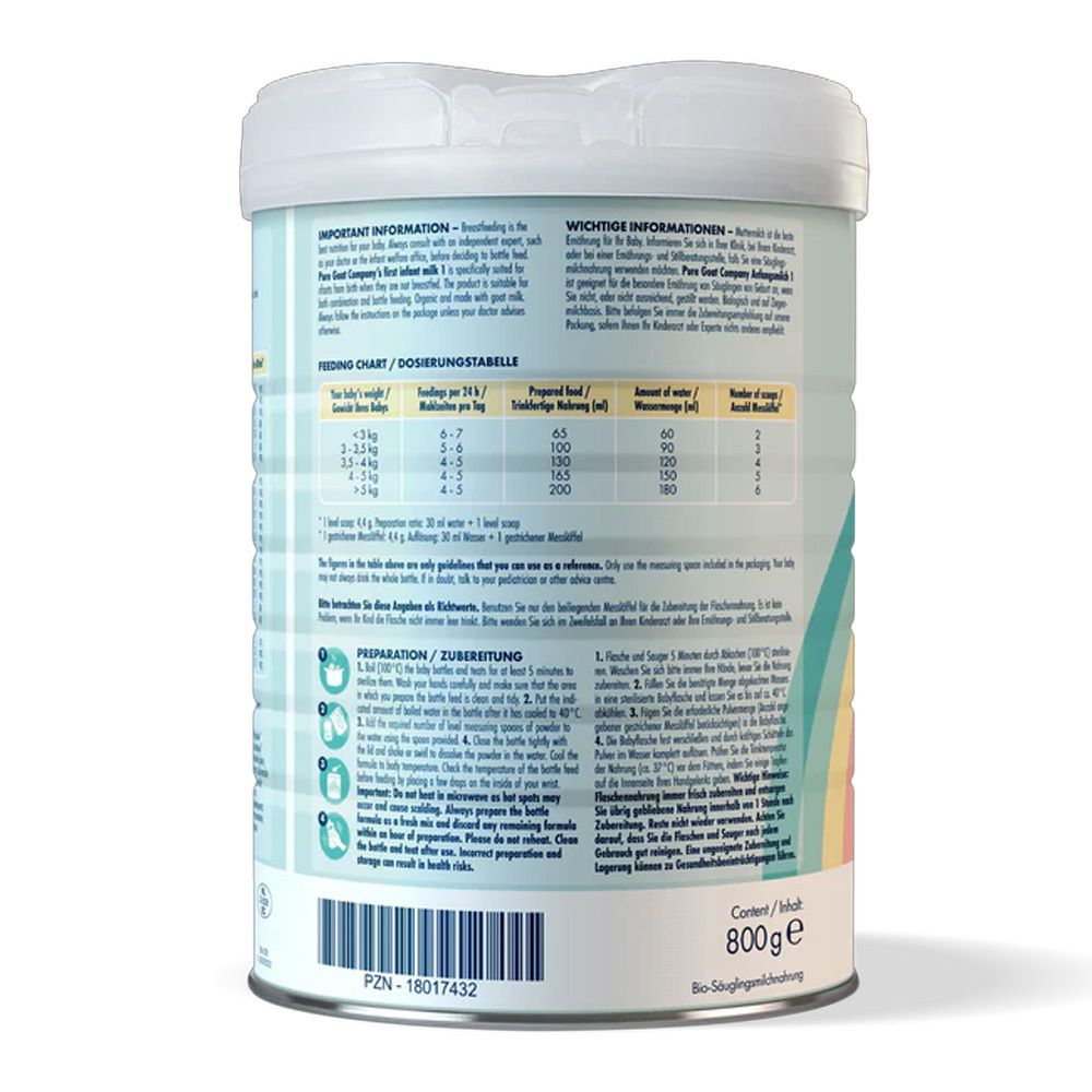 Rückseite der Dose Bio Pre Anfangsmilch. Fütterungstabelle, Zubereitungshinweise. Inhalt: 800g.