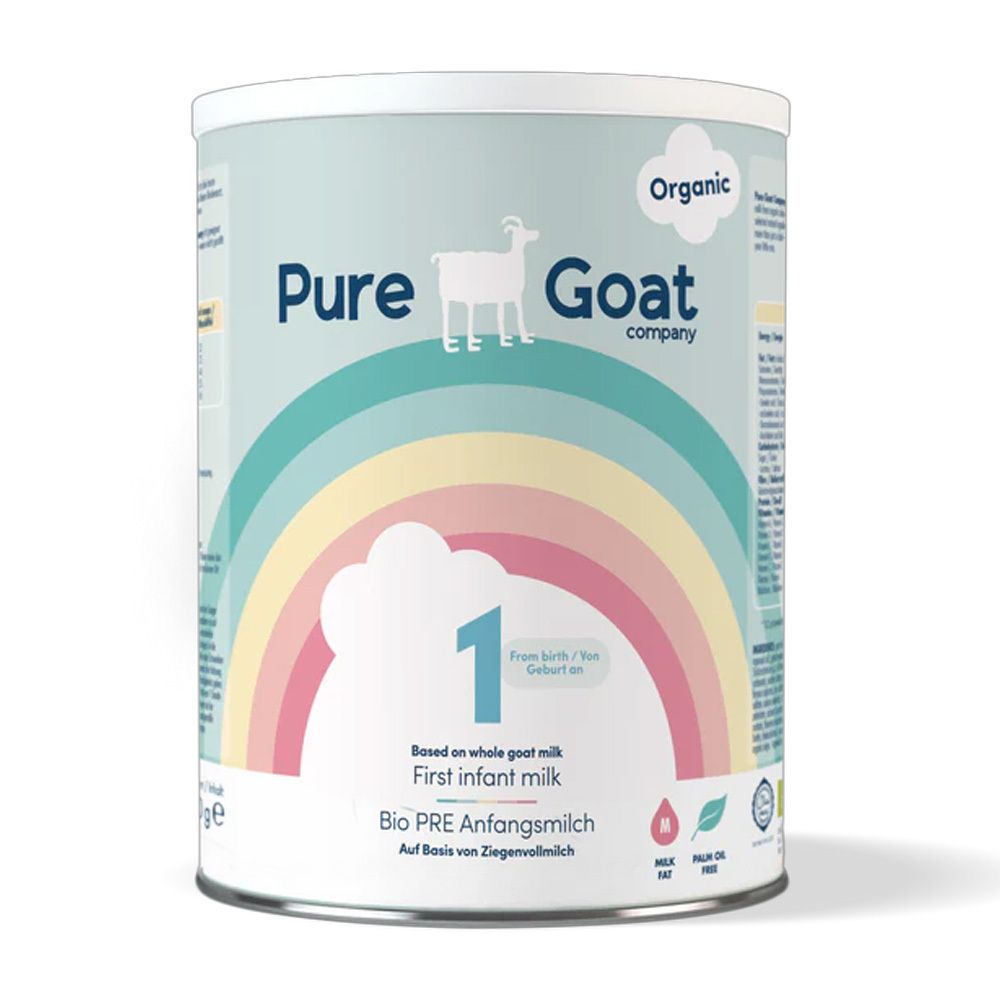 Dose Bio Pre Anfangsmilch 1. Marke Pure Goat Company. Aufschrift "Organic". Regenbogen-Design. Ziegen-Silhouette. "1" und "First infant milk".